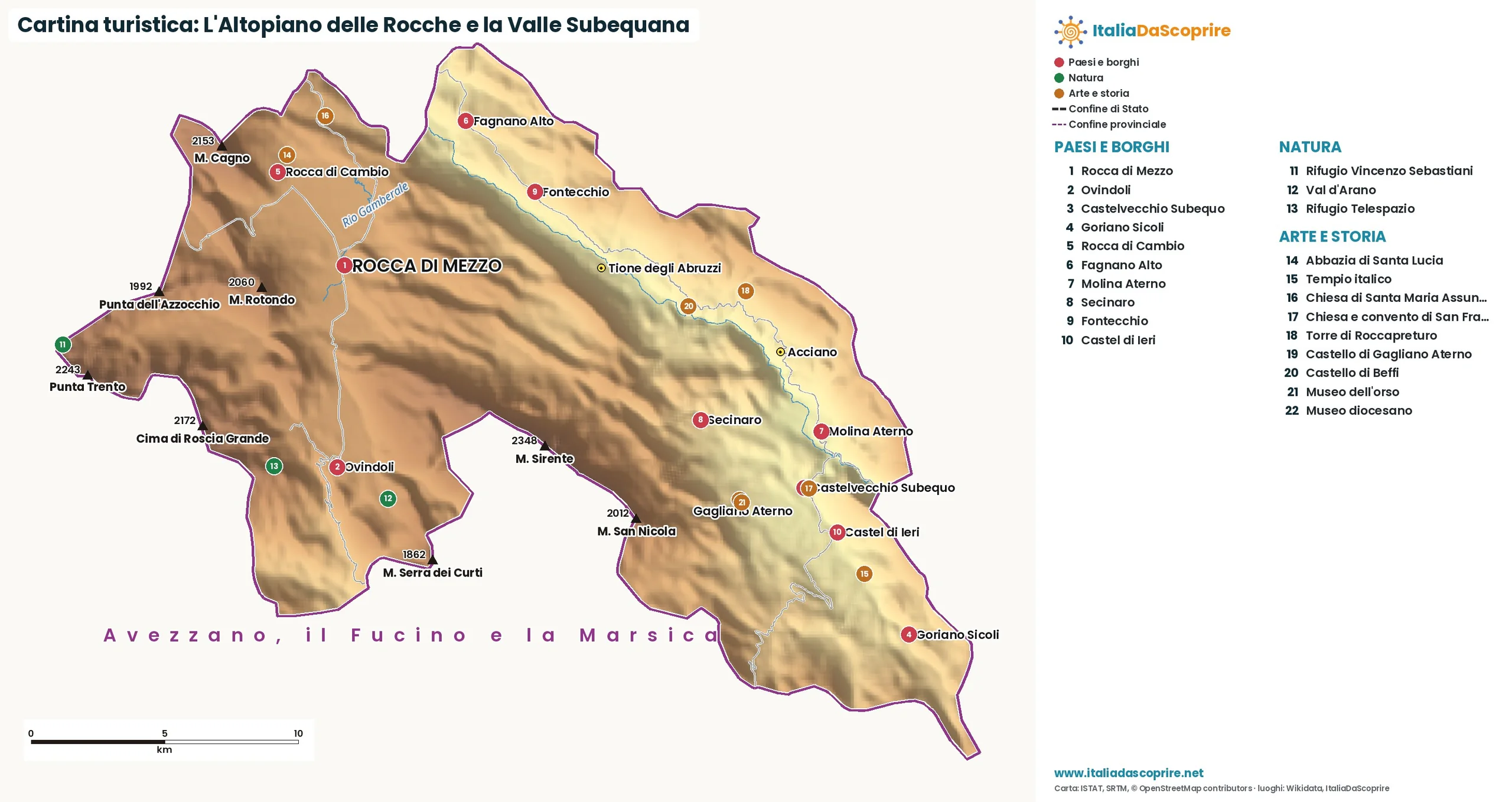 Cartina turistica: L'Altopiano delle Rocche e la Valle Subequana, con paesi, natura e luoghi d'arte e di storia