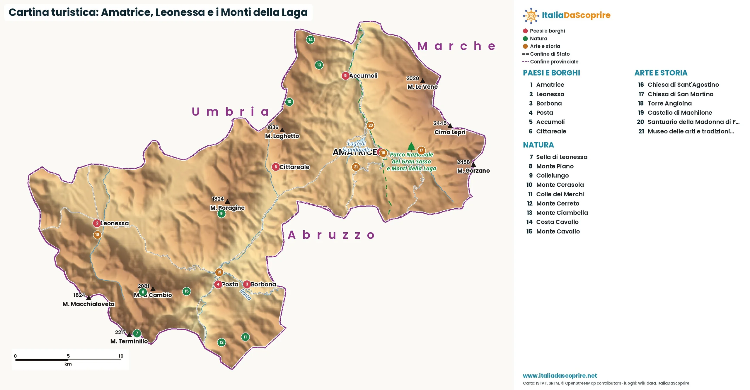 Cartina turistica: Amatrice, Leonessa e i Monti della Laga, con paesi, natura e luoghi d'arte e di storia