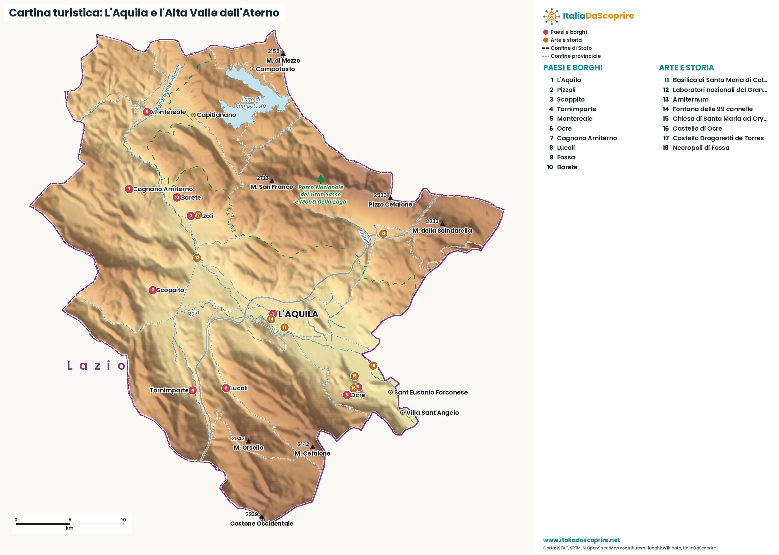 Cartina turistica: L'Aquila e l'Alta Valle dell'Aterno, con paesi, natura e luoghi d'arte e di storia