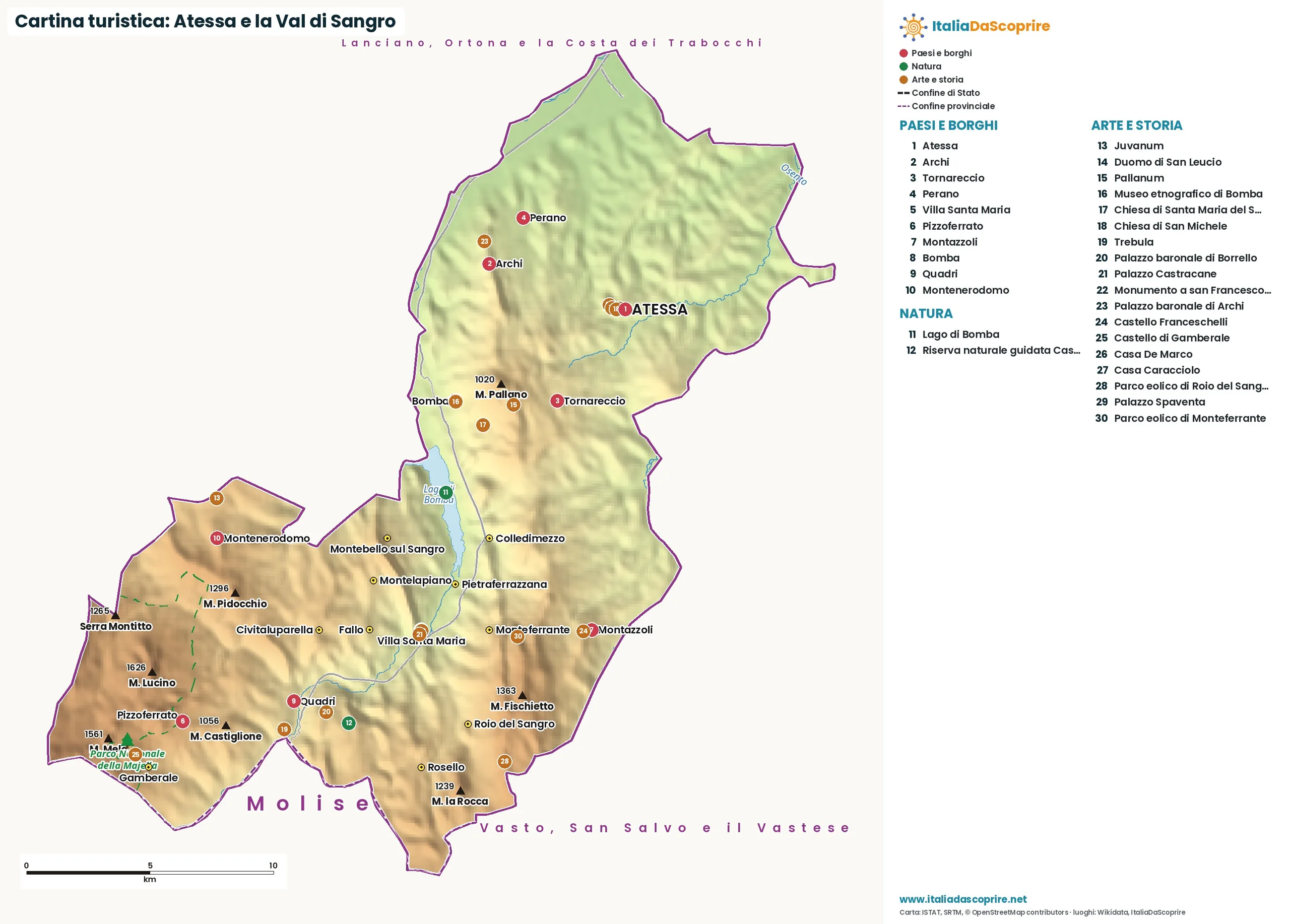 Cartina turistica: Atessa e la Val di Sangro, con paesi, natura e luoghi d'arte e di storia
