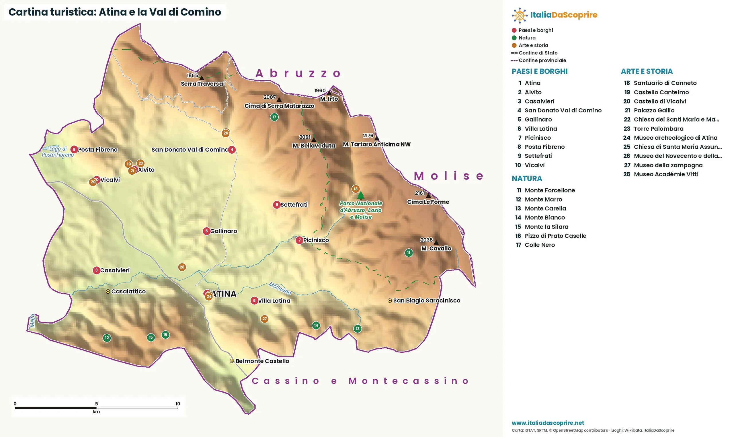 Cartina turistica: Atina e la Val di Comino, con paesi, natura e luoghi d'arte e di storia