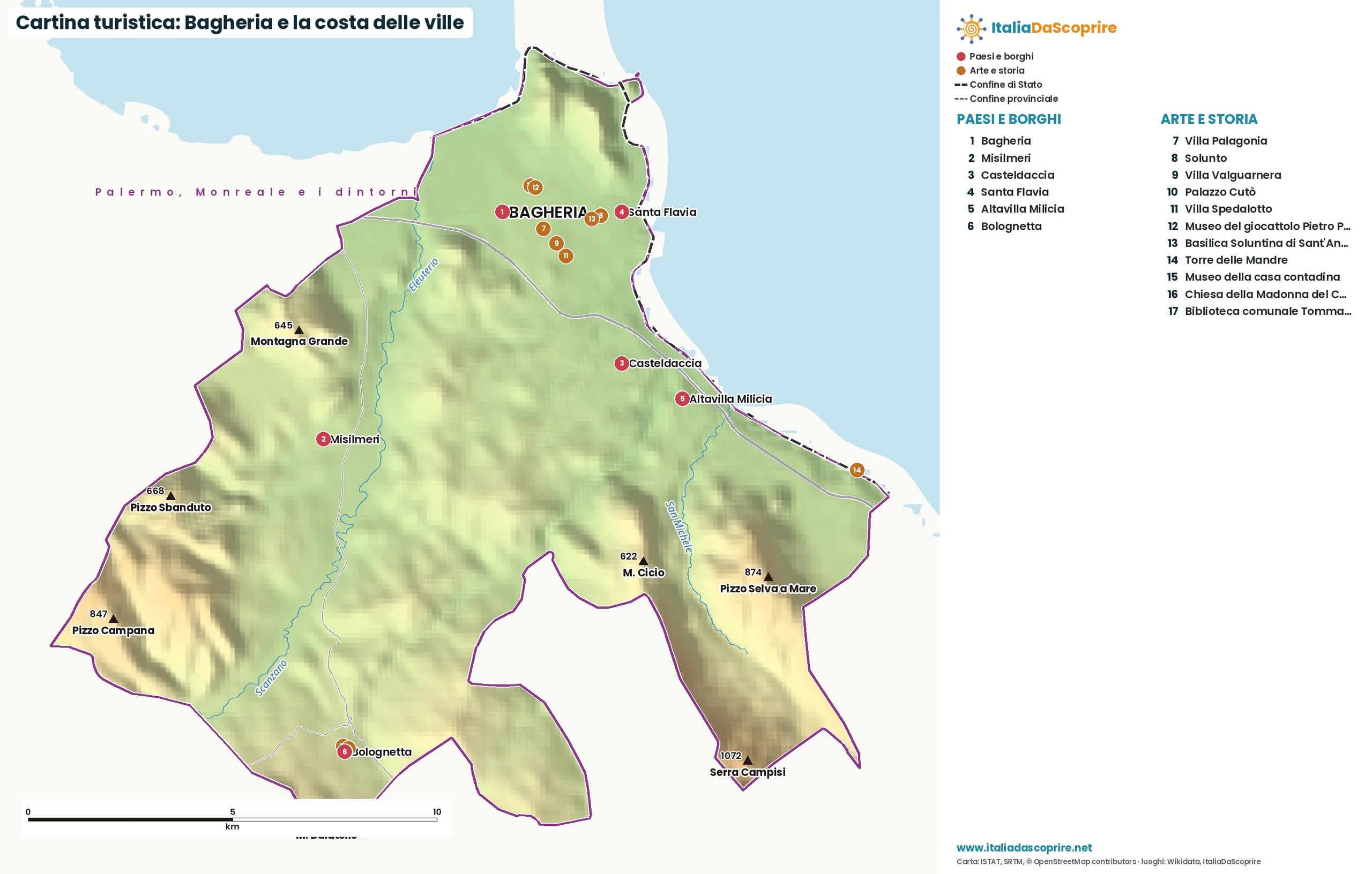 Cartina turistica: Bagheria e la costa delle ville, con paesi, natura e luoghi d'arte e di storia