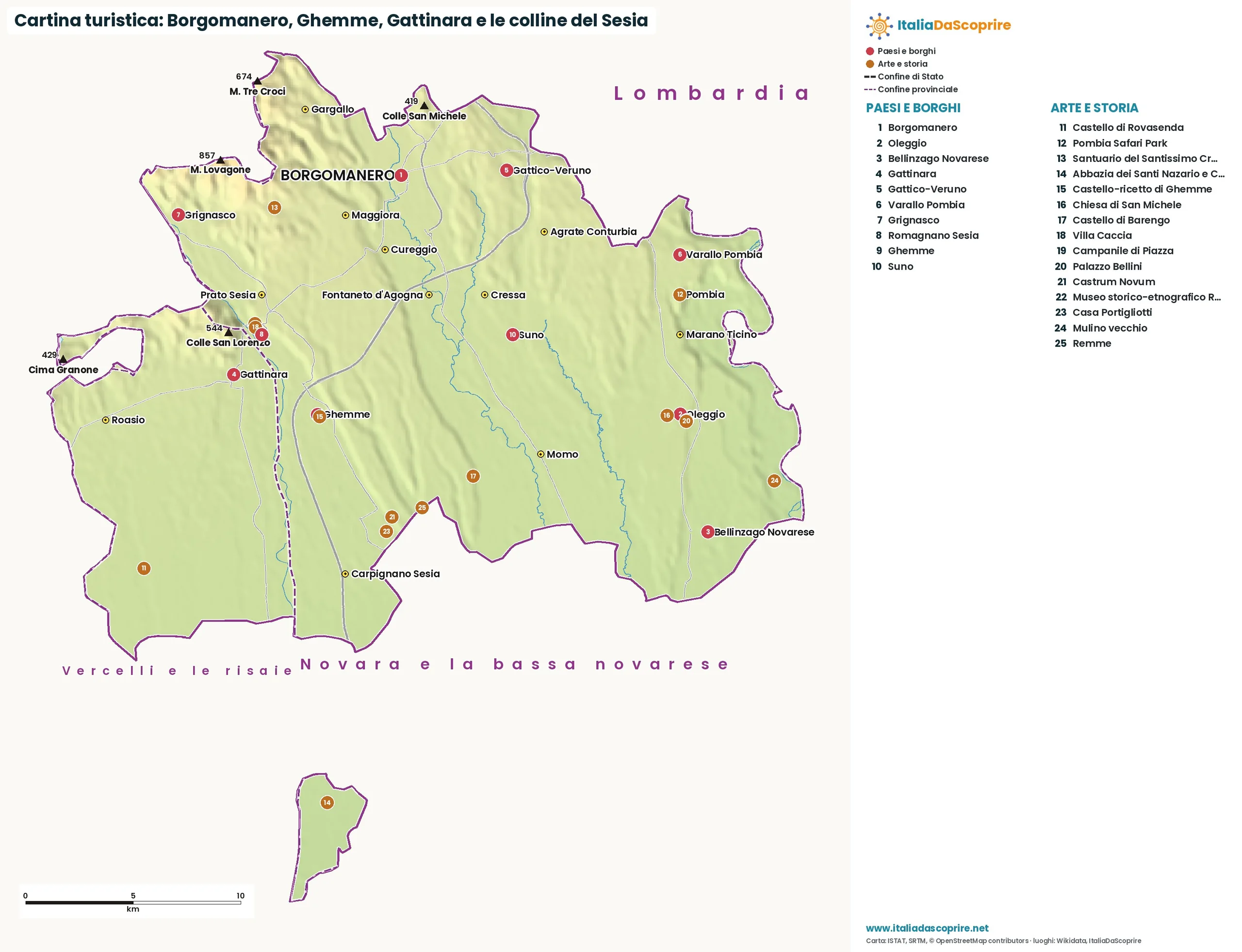 Cartina turistica: Borgomanero, Ghemme, Gattinara e le colline del Sesia, con paesi, natura e luoghi d'arte e di storia