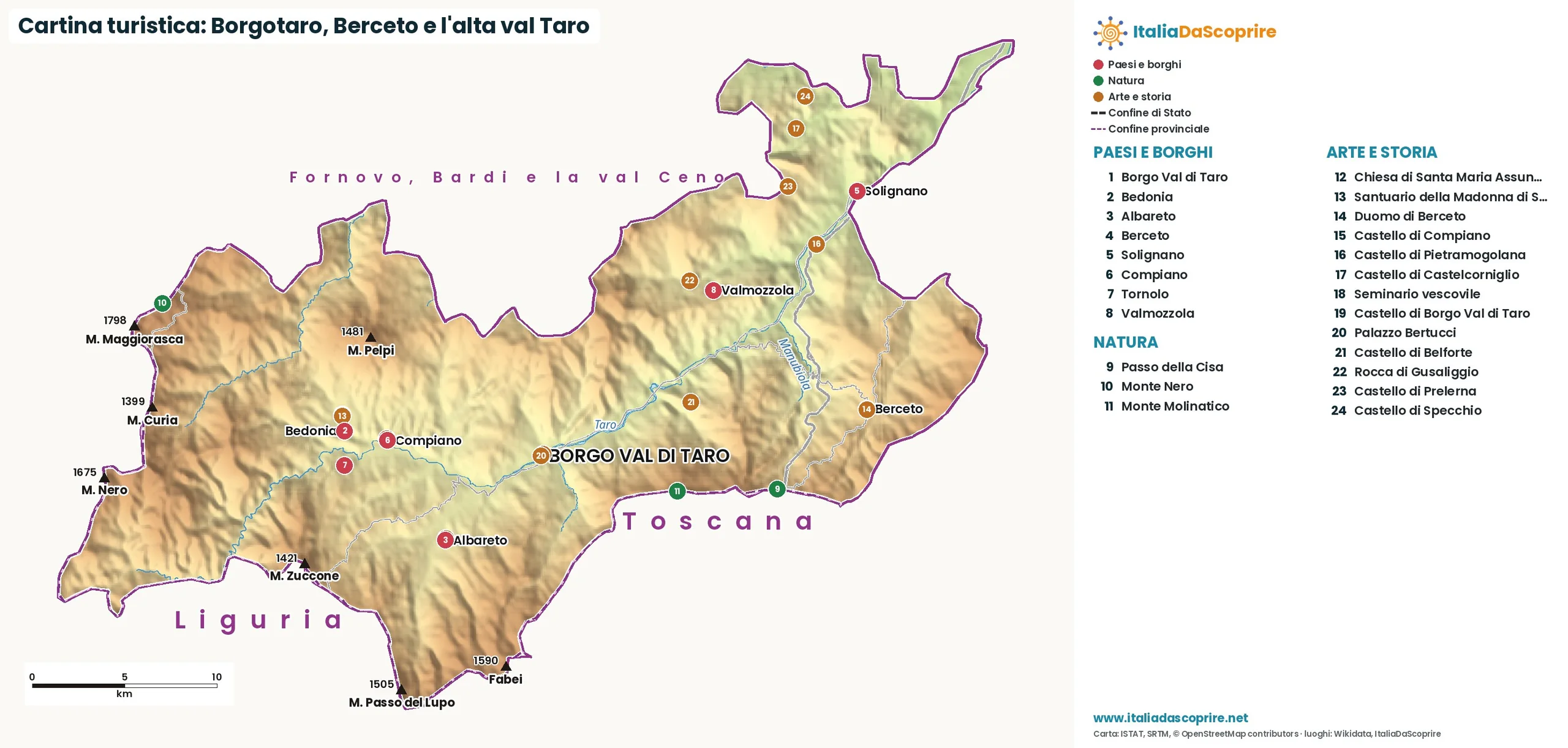 Cartina turistica: Borgotaro, Berceto e l'alta val Taro, con paesi, natura e luoghi d'arte e di storia