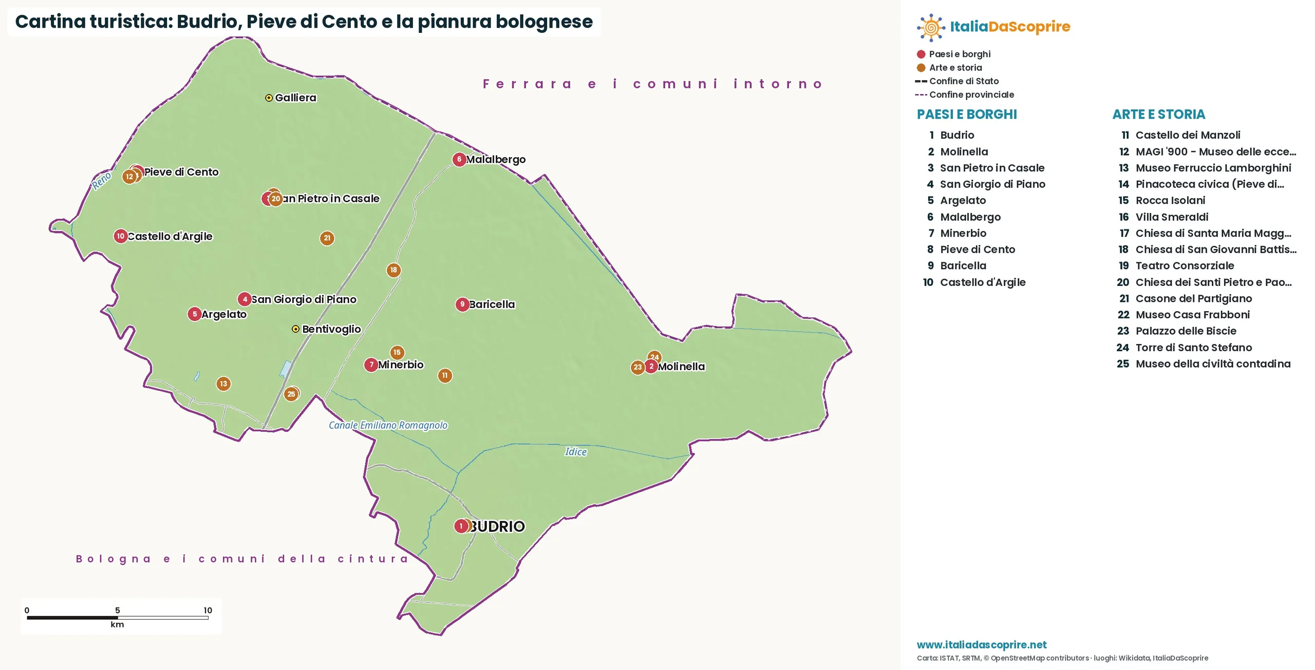 Cartina turistica: Budrio, Pieve di Cento e la pianura bolognese, con paesi, natura e luoghi d'arte e di storia