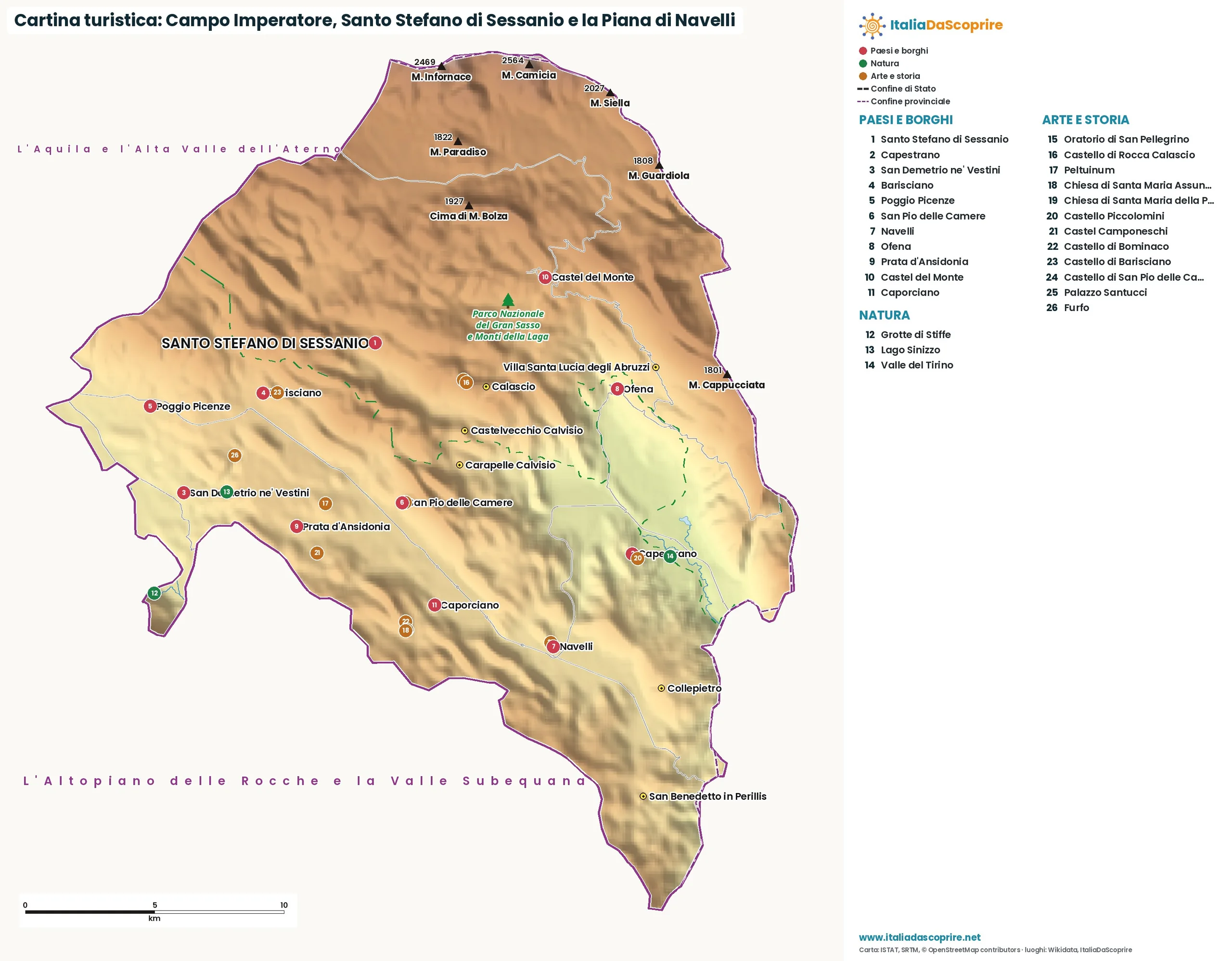Cartina turistica: Campo Imperatore, Santo Stefano di Sessanio e la Piana di Navelli, con paesi, natura e luoghi d'arte e di storia