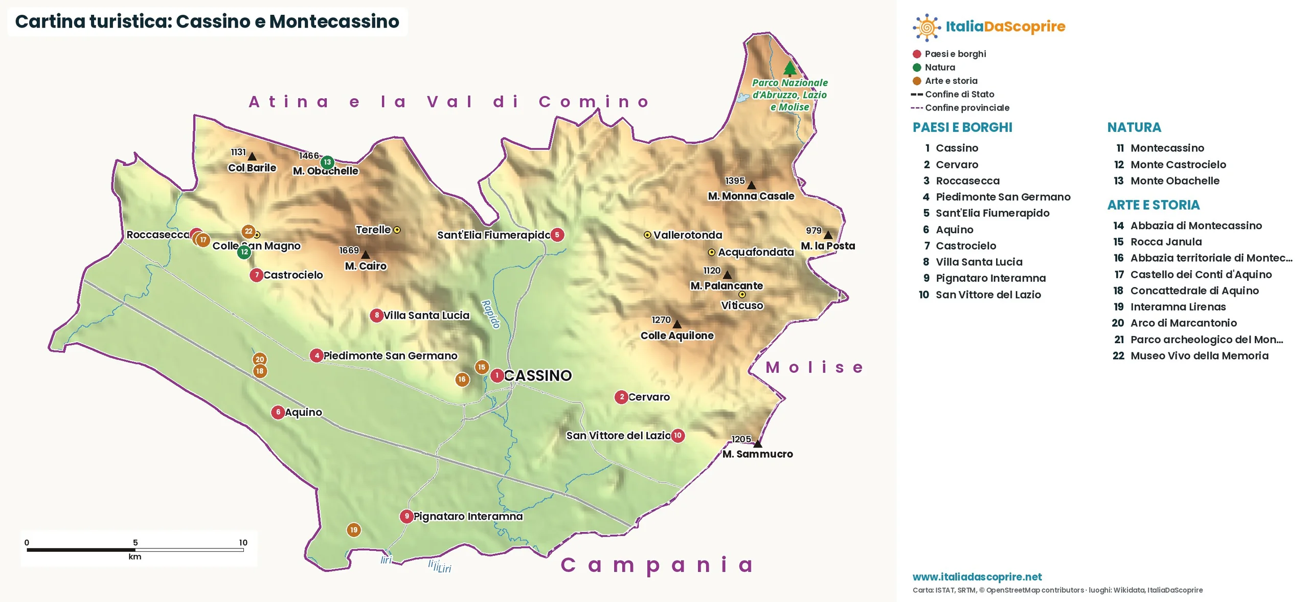 Cartina turistica: Cassino e Montecassino, con paesi, natura e luoghi d'arte e di storia