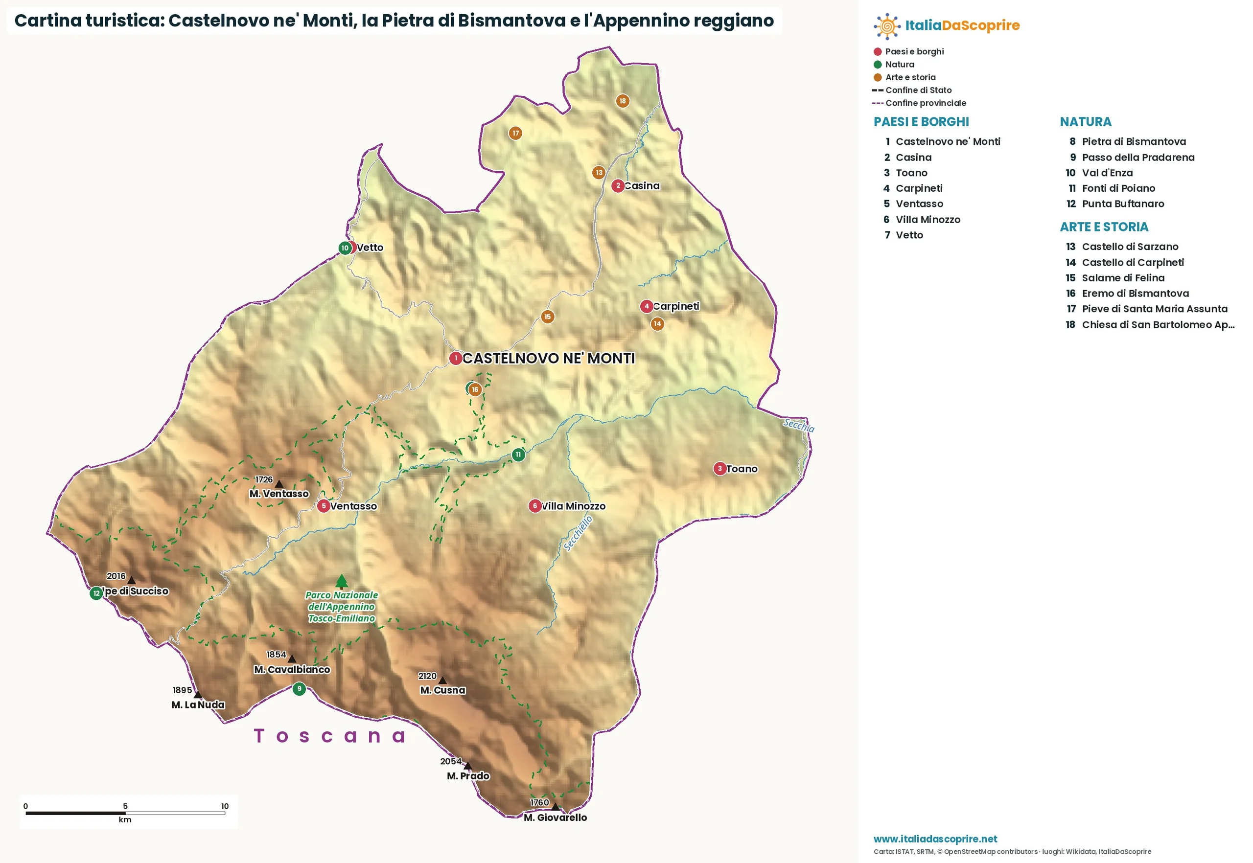 Cartina turistica: Castelnovo ne’ Monti, la Pietra di Bismantova e l’Appennino reggiano, con paesi, natura e luoghi d'arte e di storia