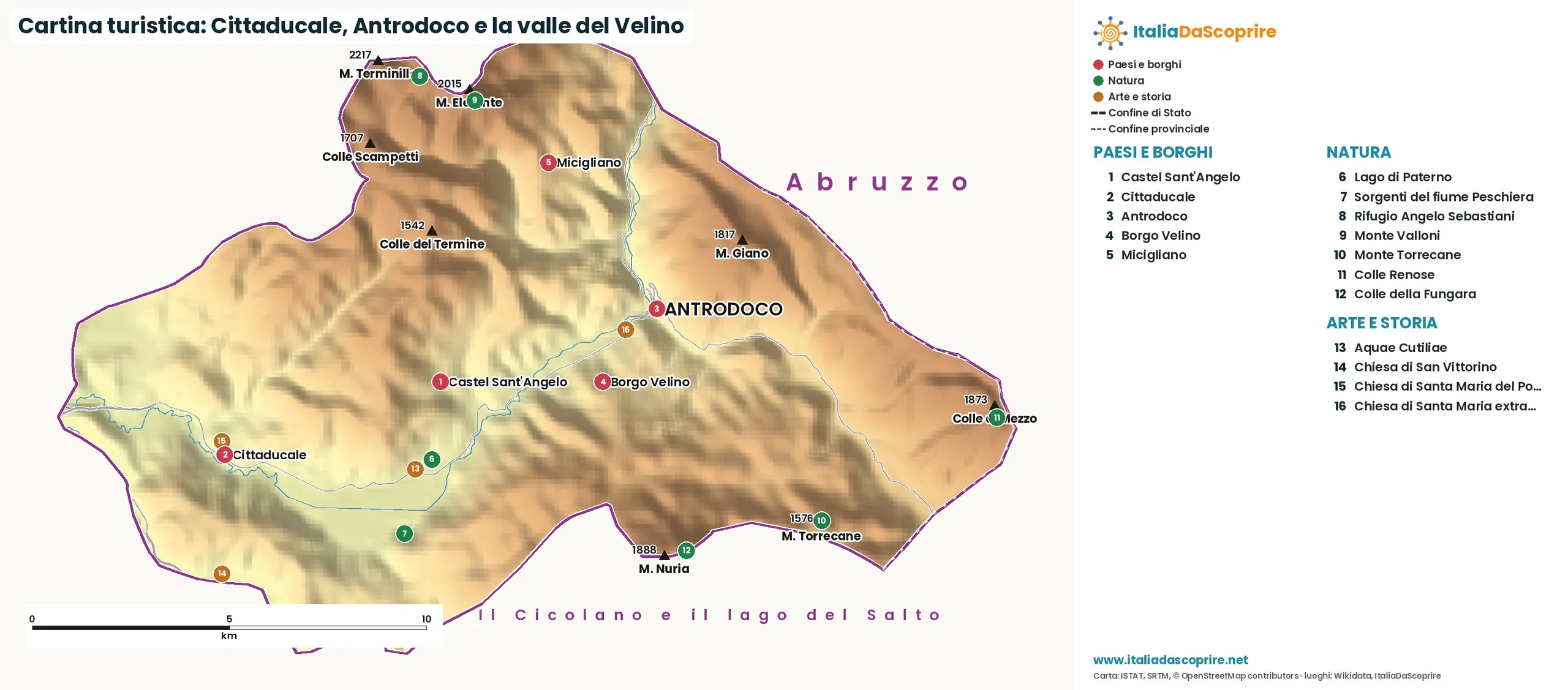 Cartina turistica: Cittaducale, Antrodoco e la valle del Velino, con paesi, natura e luoghi d'arte e di storia