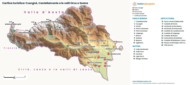 Cartina turistica: Cuorgnè, Castellamonte e le valli Orco e Soana, con paesi, natura e luoghi d'arte e di storia