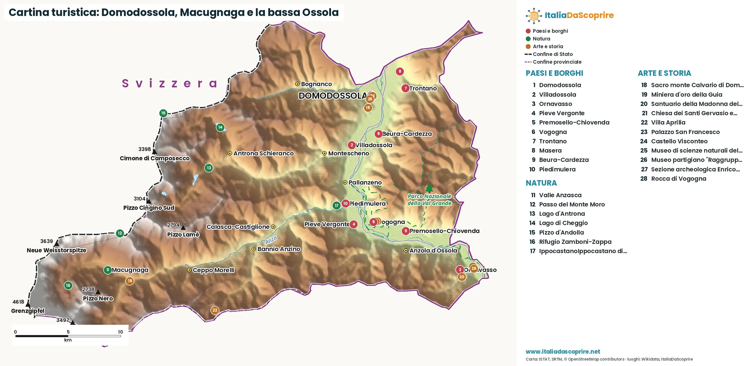 Cartina turistica: Domodossola, Macugnaga e la bassa Ossola, con paesi, natura e luoghi d'arte e di storia