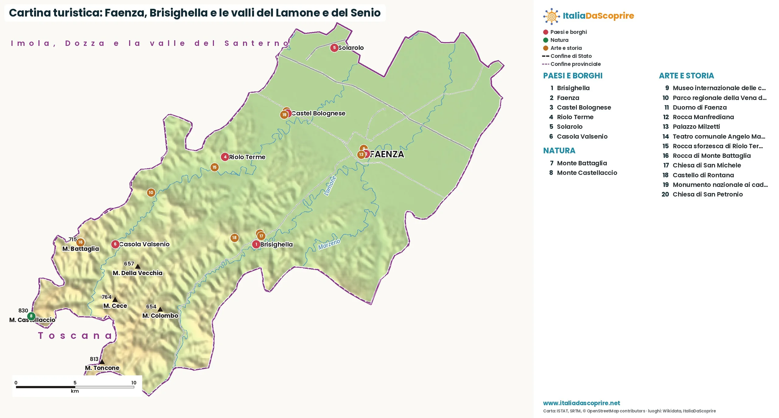 Cartina turistica: Faenza, Brisighella e le valli del Lamone e del Senio, con paesi, natura e luoghi d'arte e di storia