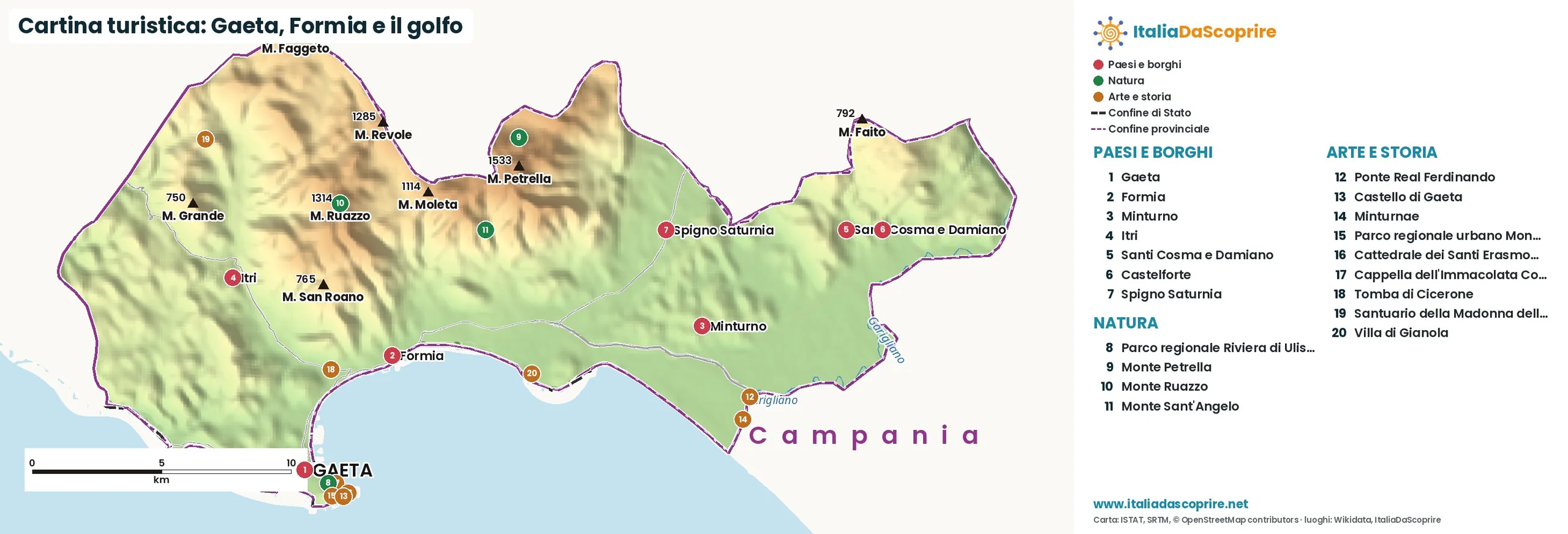 Cartina turistica: Gaeta, Formia e il golfo, con paesi, natura e luoghi d'arte e di storia