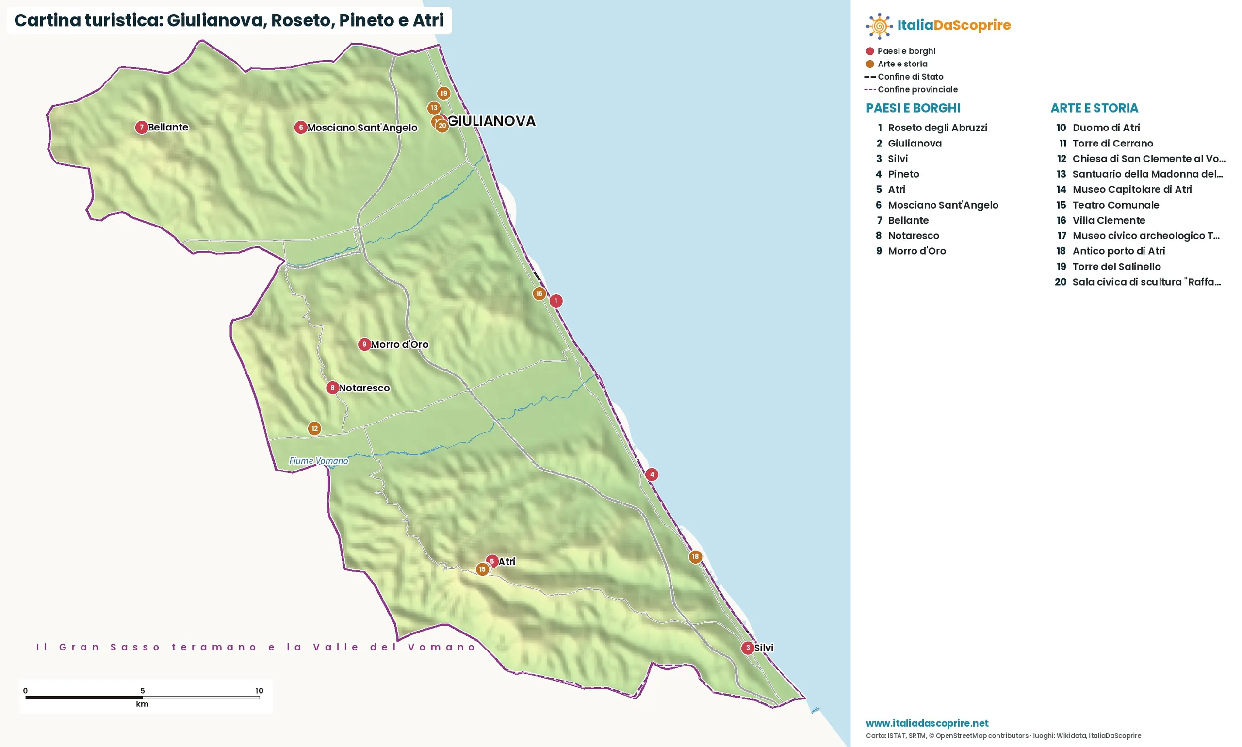Cartina turistica: Giulianova, Roseto, Pineto e Atri, con paesi, natura e luoghi d'arte e di storia