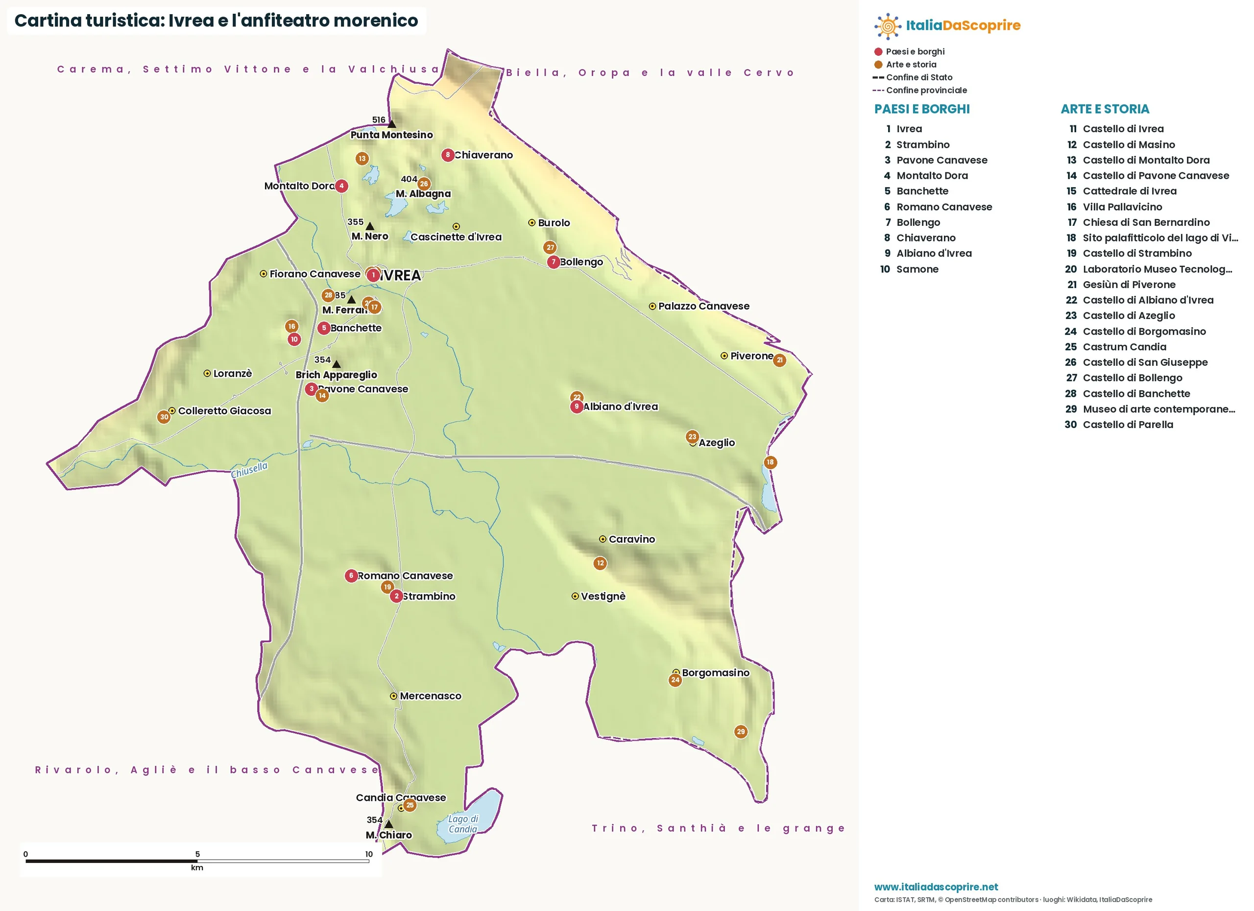 Cartina turistica: Ivrea e l'anfiteatro morenico, con paesi, natura e luoghi d'arte e di storia
