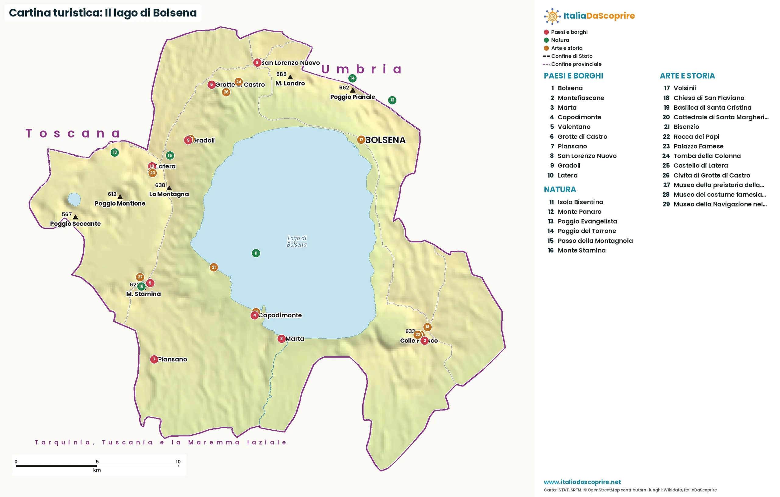 Cartina turistica: Il lago di Bolsena, con paesi, natura e luoghi d'arte e di storia