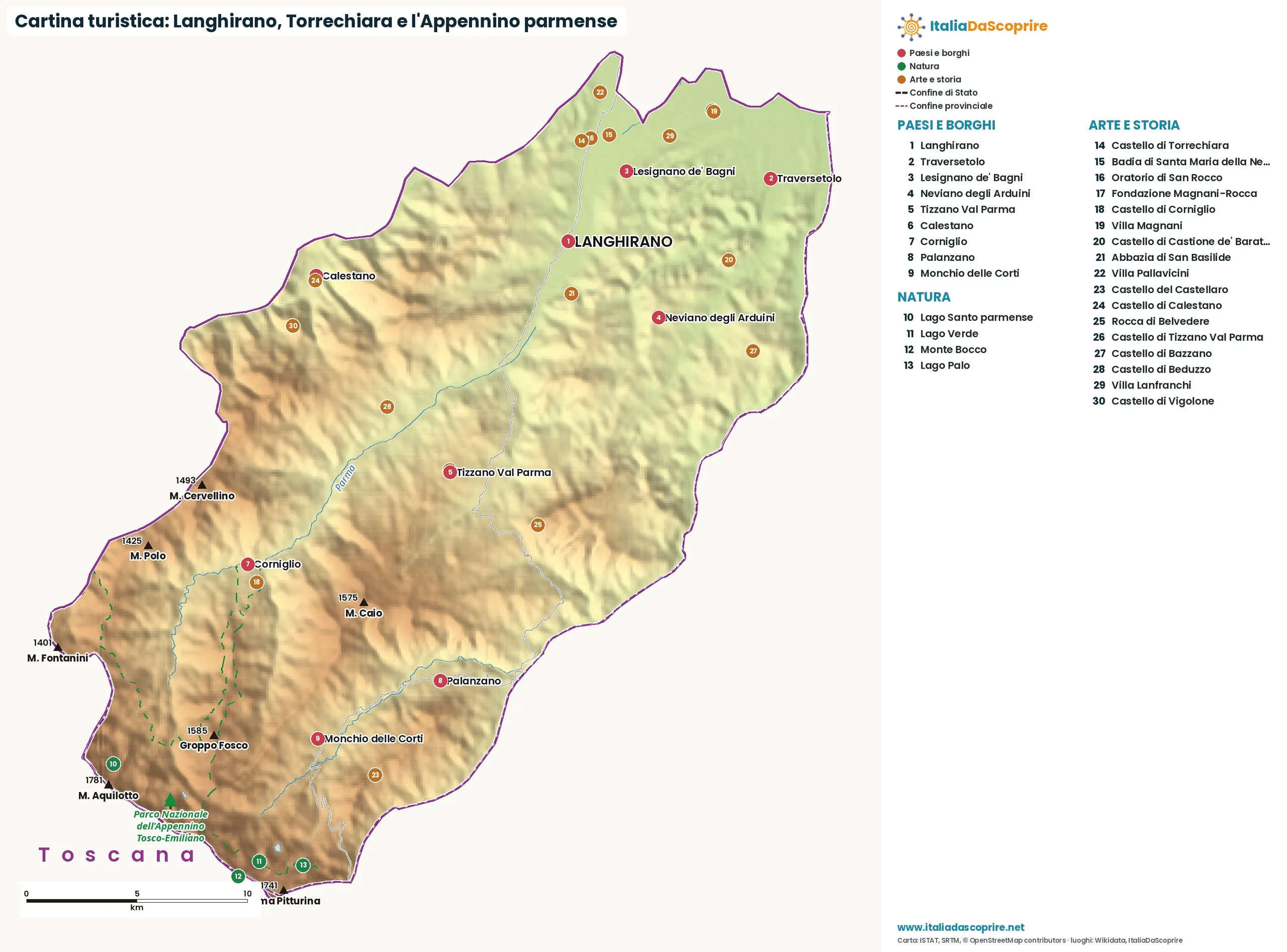 Cartina turistica: Langhirano, Torrechiara e l'Appennino parmense, con paesi, natura e luoghi d'arte e di storia