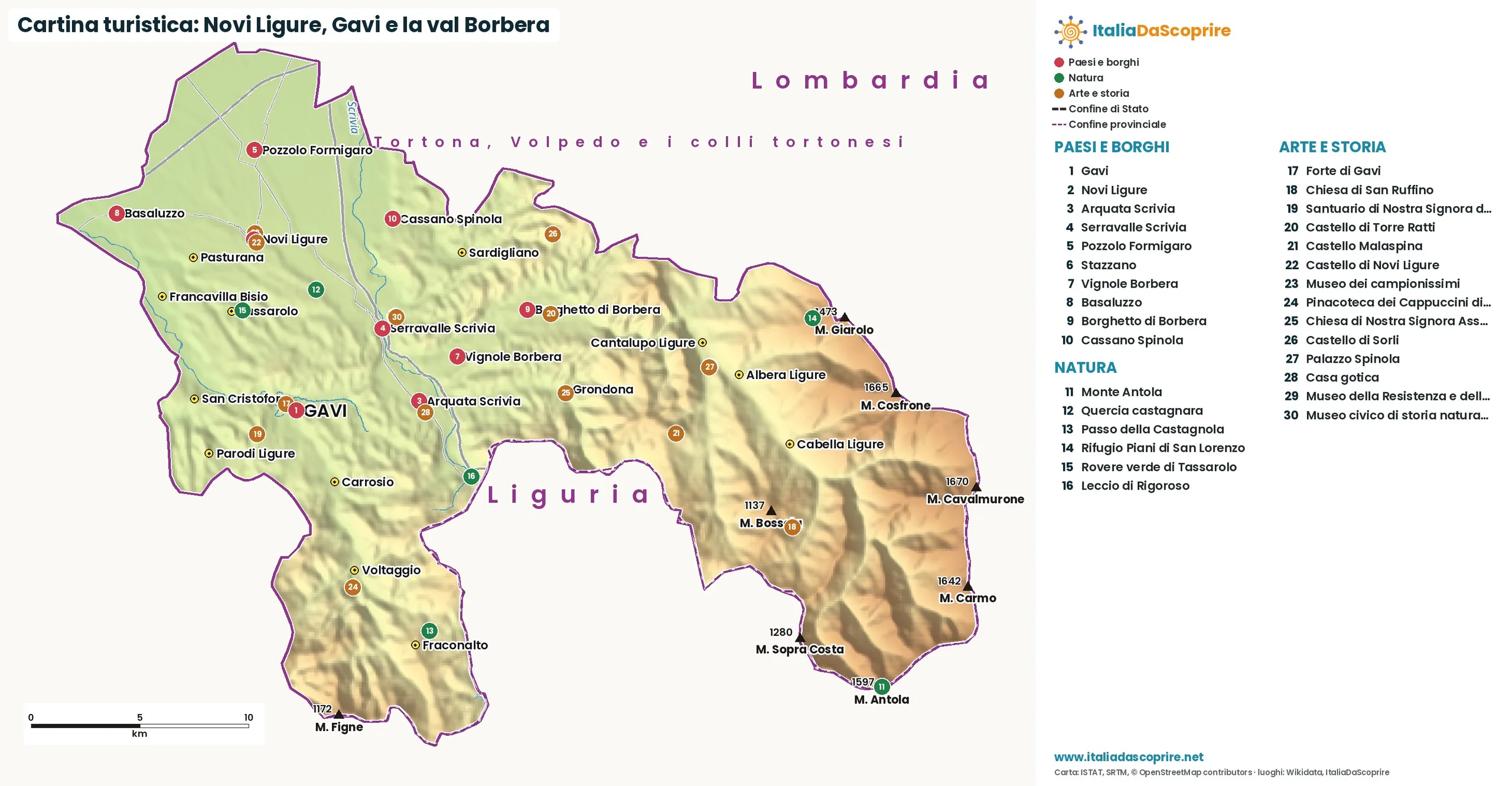 Cartina turistica: Novi Ligure, Gavi e la val Borbera, con paesi, natura e luoghi d'arte e di storia
