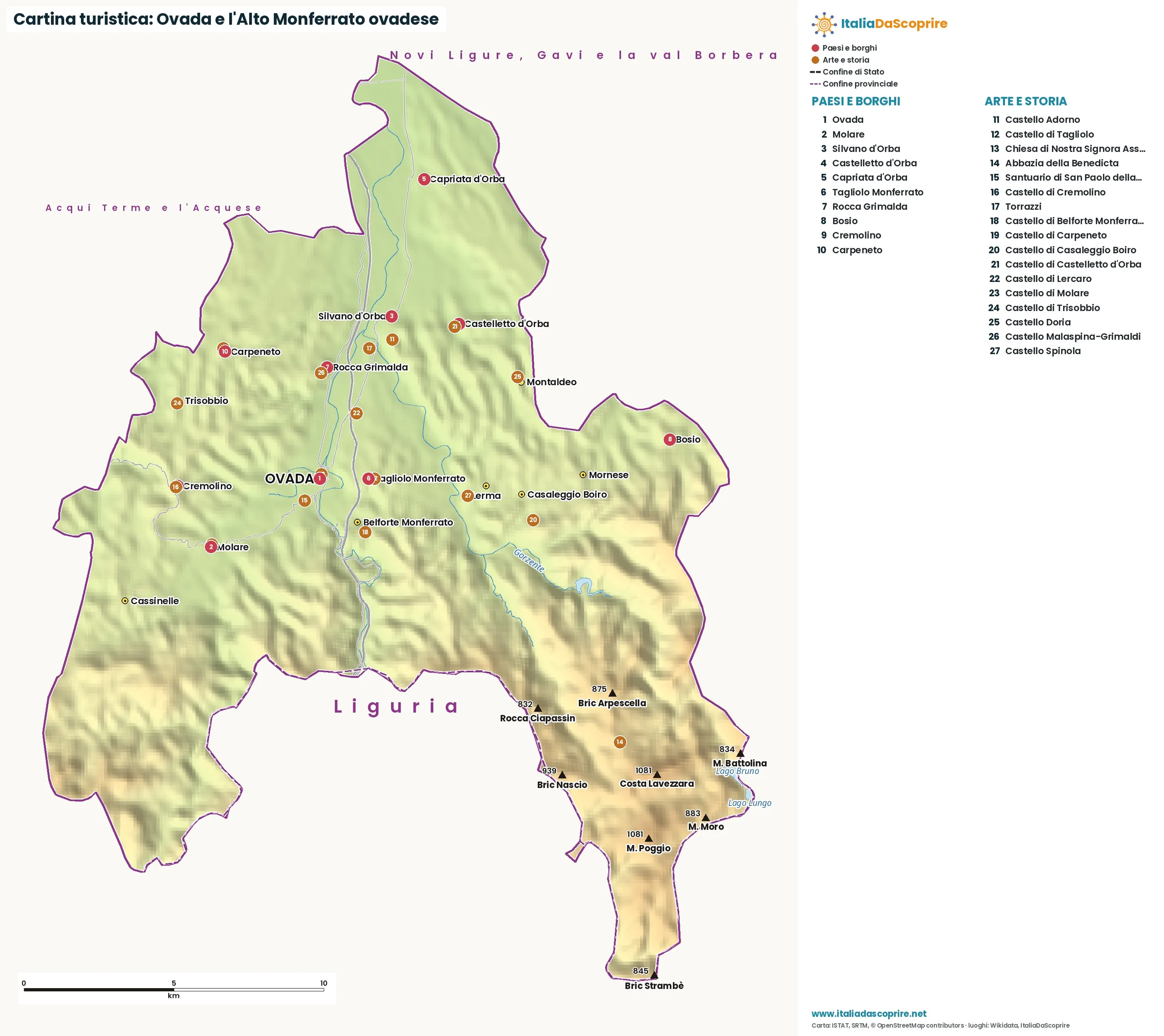 Cartina turistica: Ovada e l'Alto Monferrato ovadese, con paesi, natura e luoghi d'arte e di storia