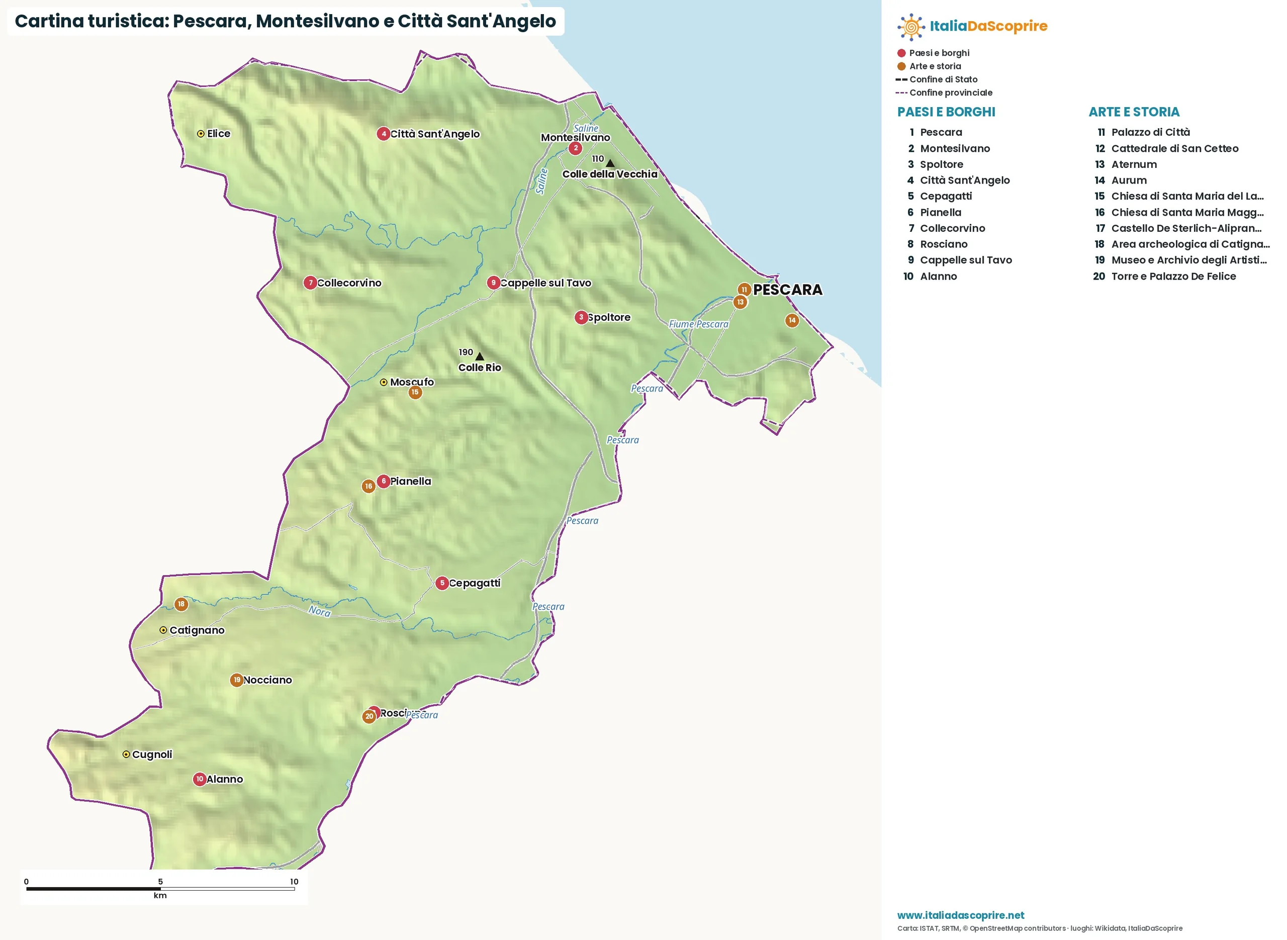 Cartina turistica: Pescara, Montesilvano e Città Sant'Angelo, con paesi, natura e luoghi d'arte e di storia
