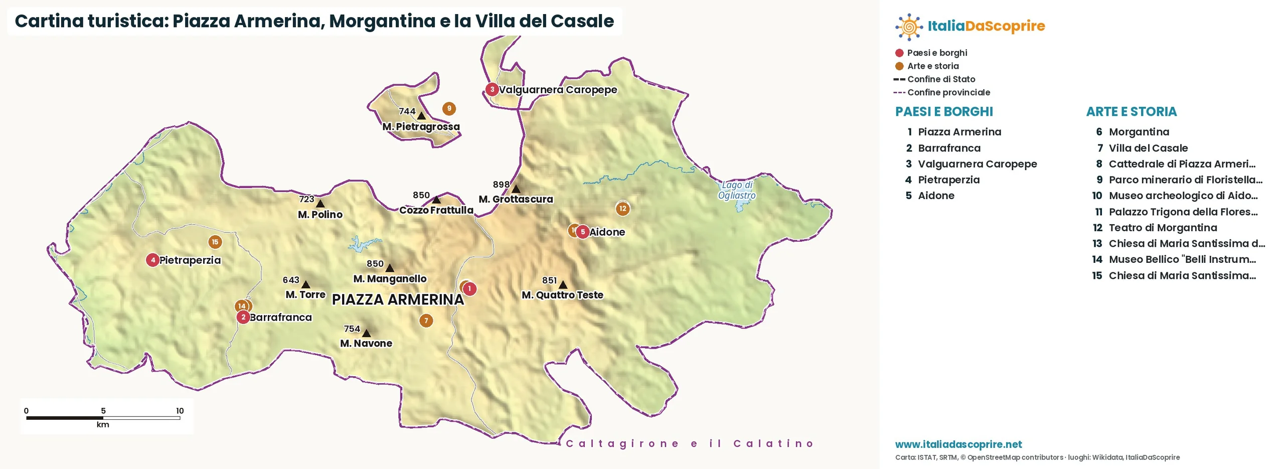 Cartina turistica: Piazza Armerina, Morgantina e la Villa del Casale, con paesi, natura e luoghi d'arte e di storia