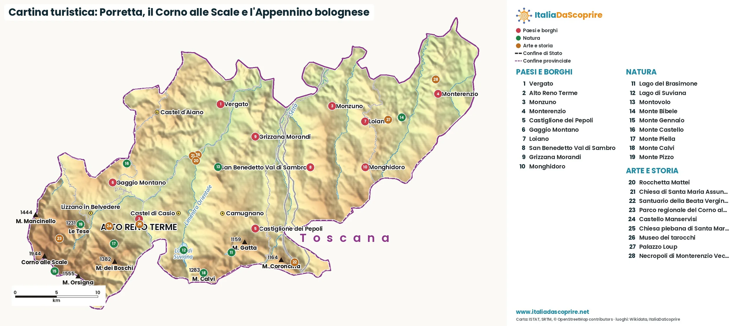 Cartina turistica: Porretta, il Corno alle Scale e l'Appennino bolognese, con paesi, natura e luoghi d'arte e di storia