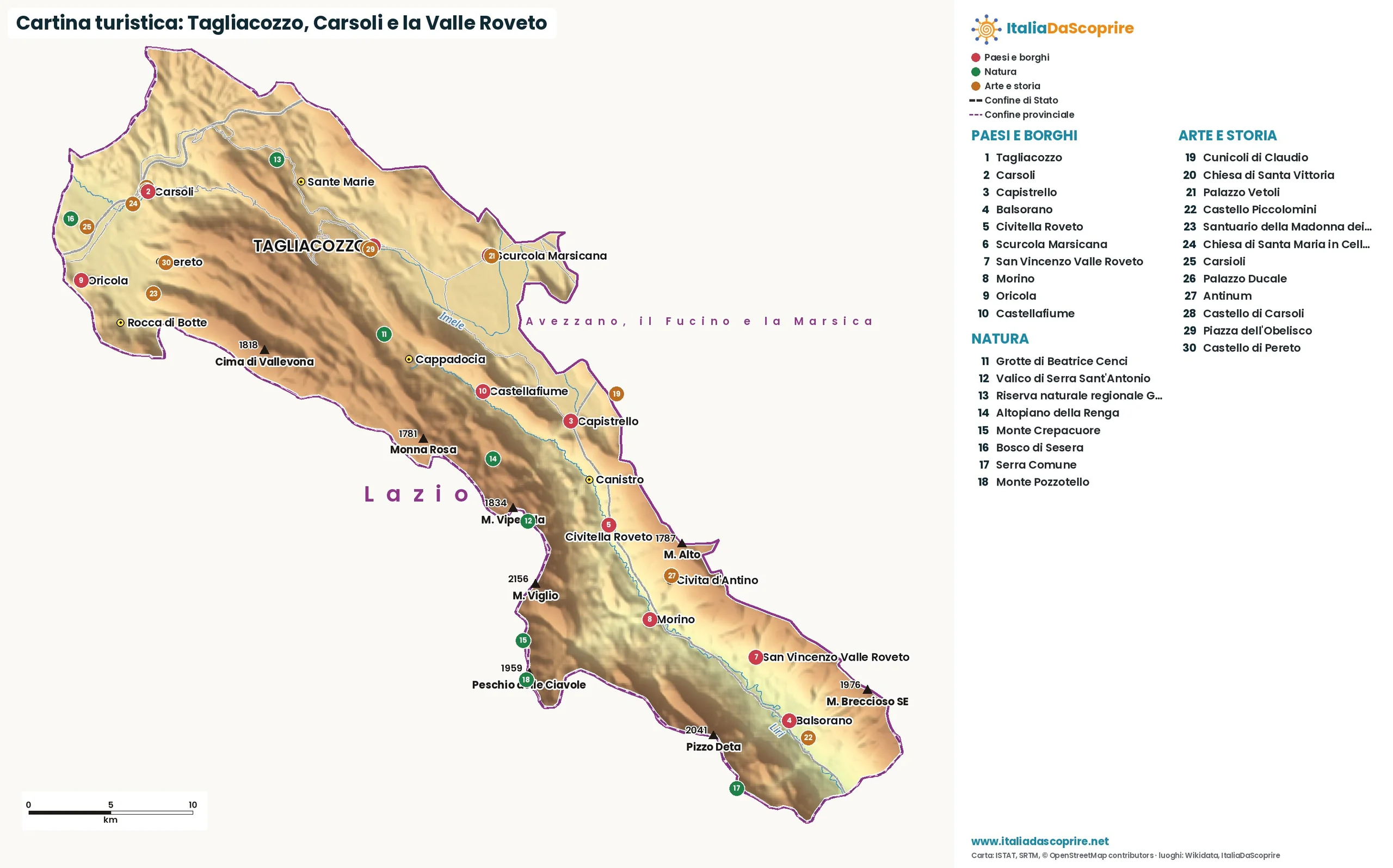 Cartina turistica: Tagliacozzo, Carsoli e la Valle Roveto, con paesi, natura e luoghi d'arte e di storia