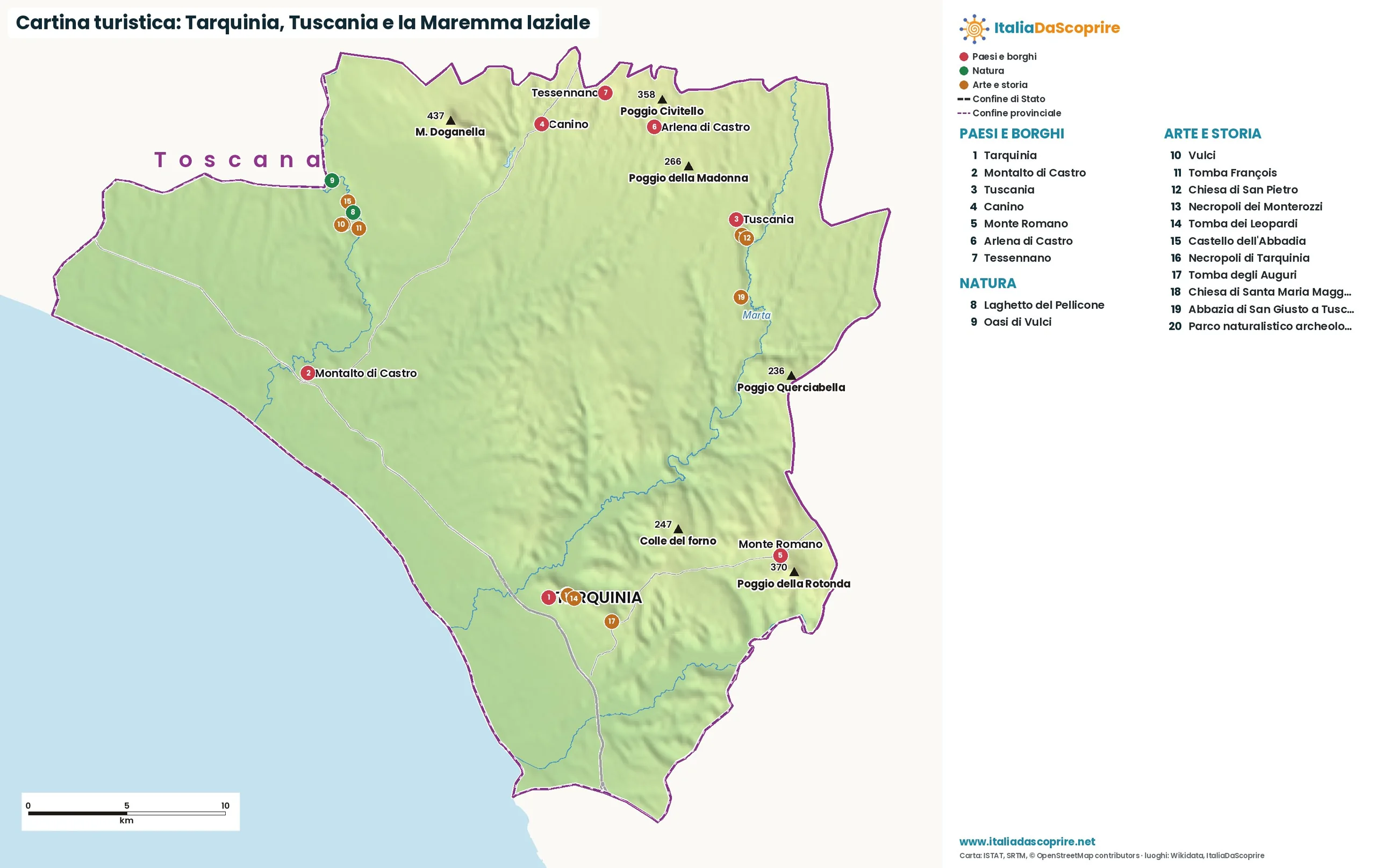 Cartina turistica: Tarquinia, Tuscania e la Maremma laziale, con paesi, natura e luoghi d'arte e di storia