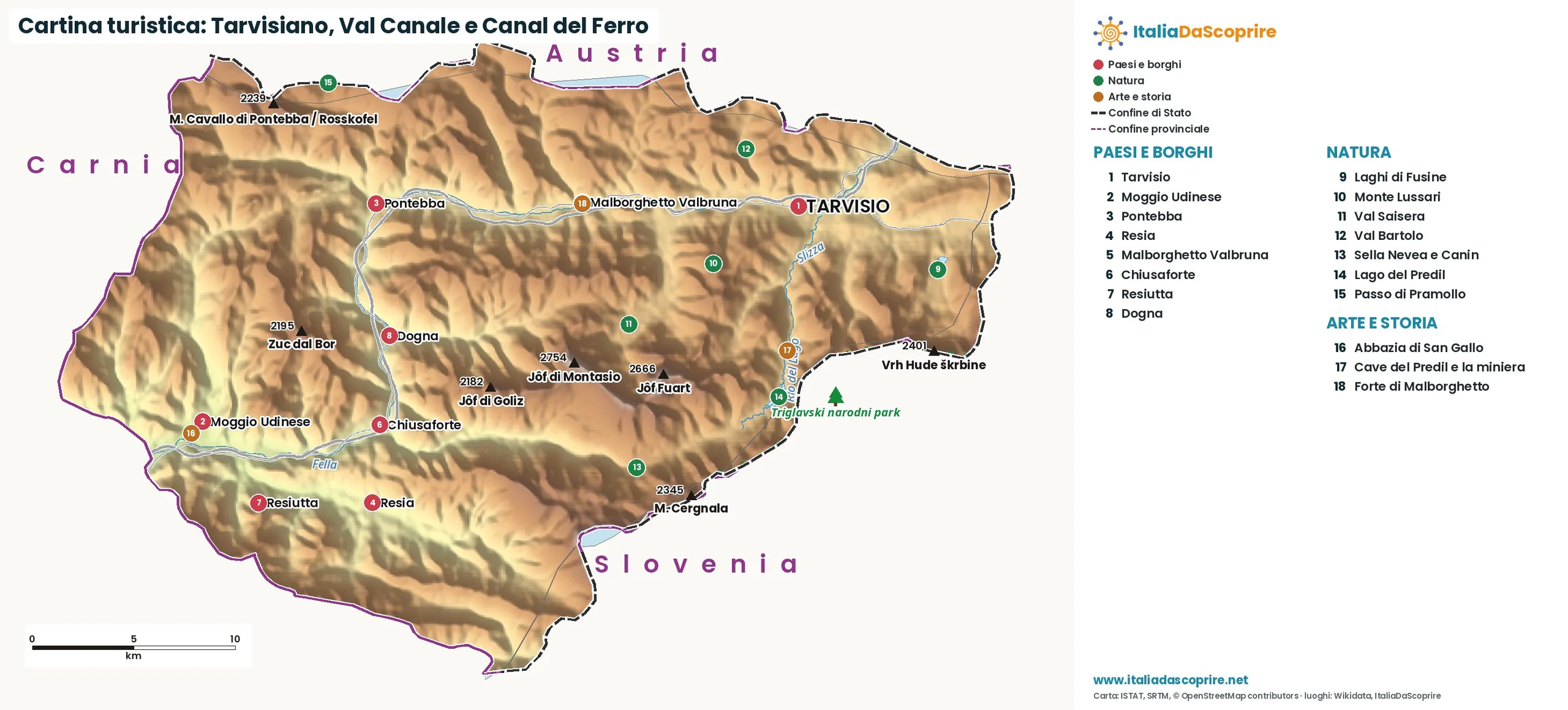Cartina turistica: Tarvisiano, Val Canale e Canal del Ferro, con paesi, natura e luoghi d'arte e di storia