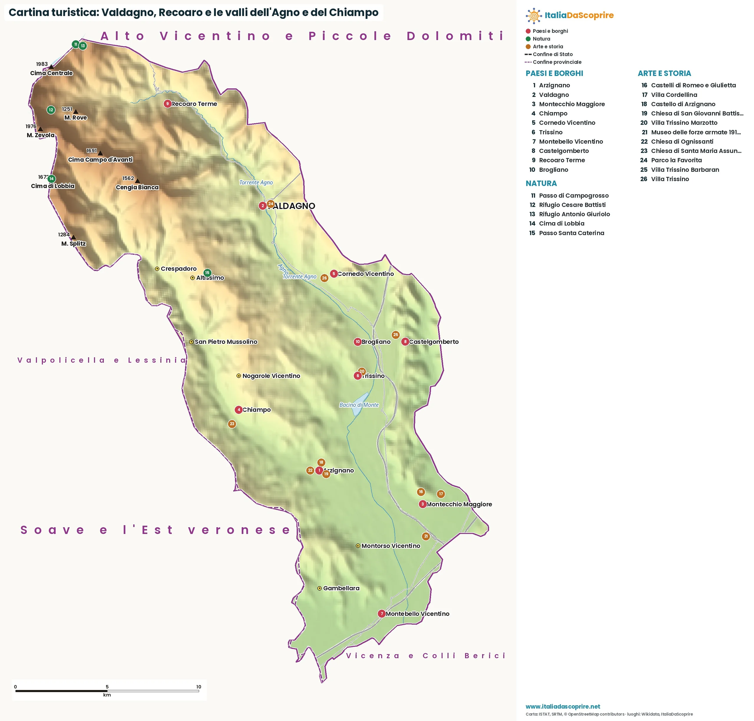 Cartina turistica: Valdagno, Recoaro e le valli dell'Agno e del Chiampo, con paesi, natura e luoghi d'arte e di storia