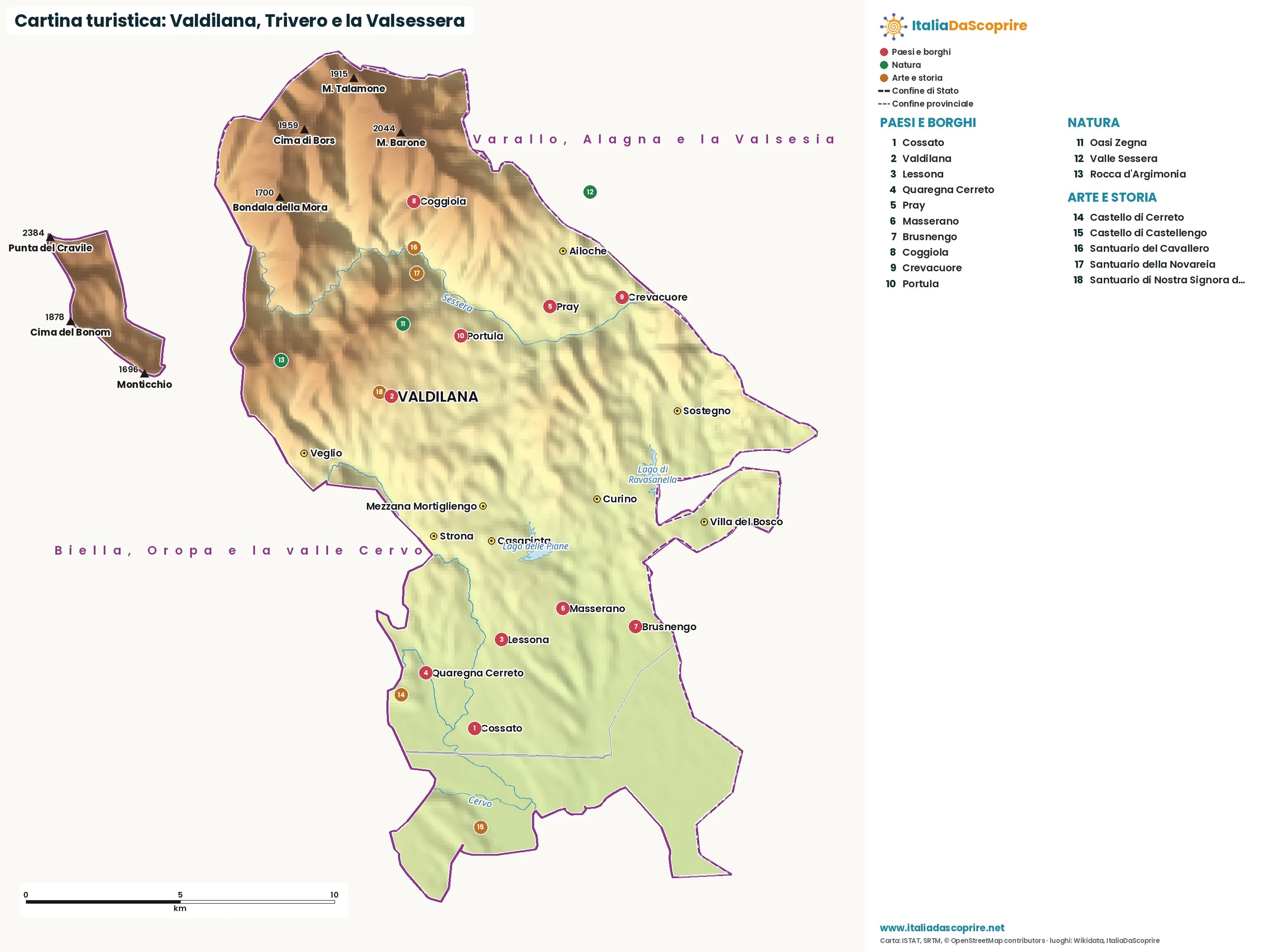 Cartina turistica: Valdilana, Trivero e la Valsessera, con paesi, natura e luoghi d'arte e di storia
