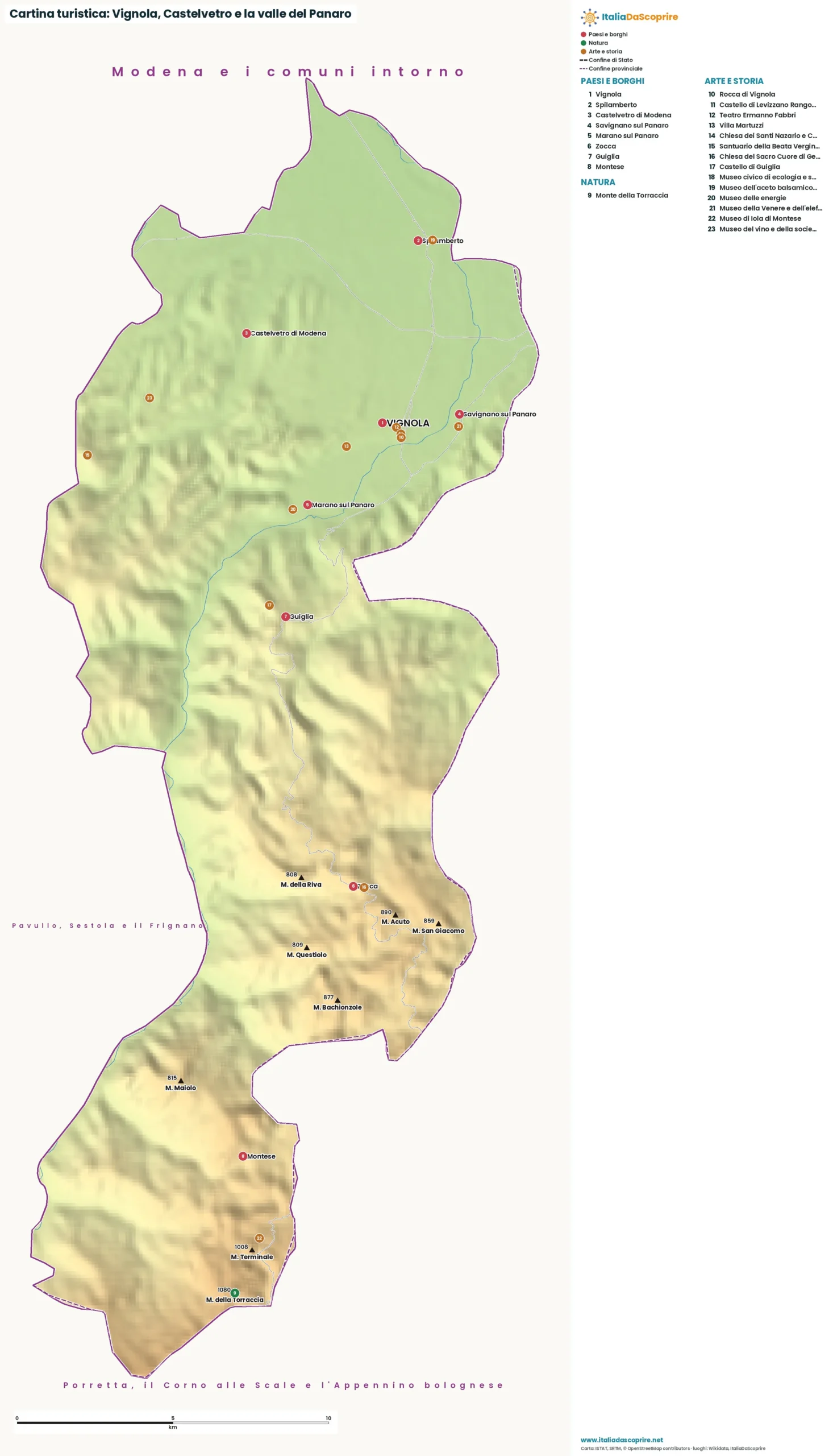 Cartina turistica: Vignola, Castelvetro e la valle del Panaro, con paesi, natura e luoghi d'arte e di storia