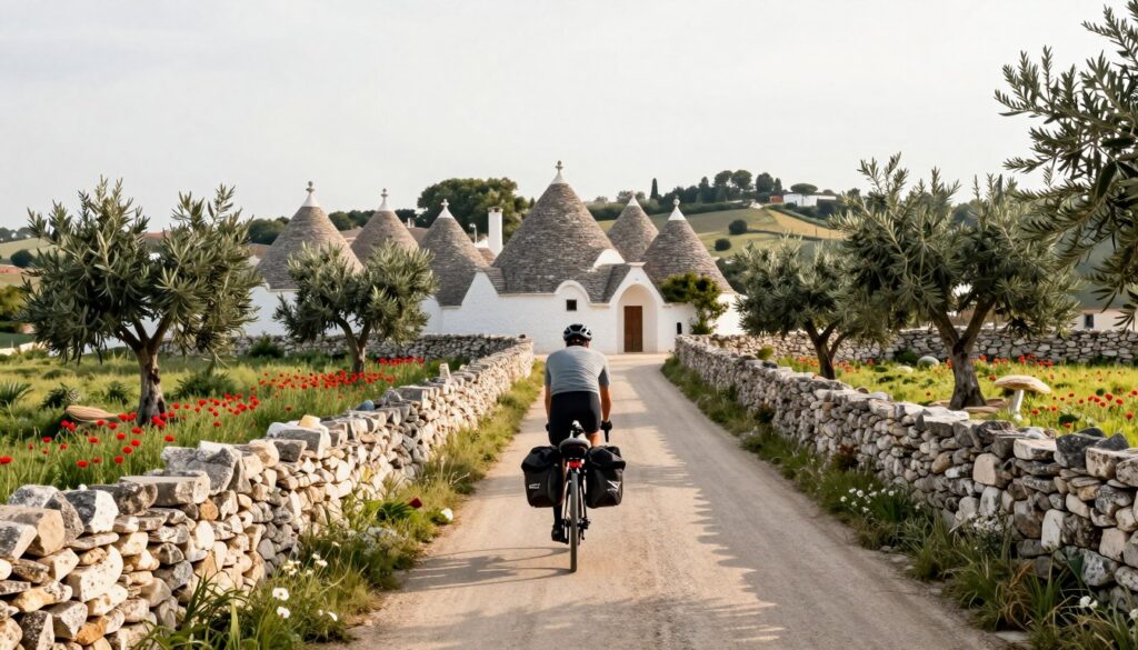 Cicloturista su una stradina tra muretti a secco, ulivi e trulli della Valle d'Itria
