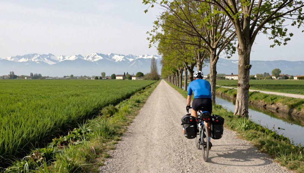 Cicloturista su un'alzaia sterrata lungo un canale della pianura padana, con le Alpi innevate sullo sfondo
