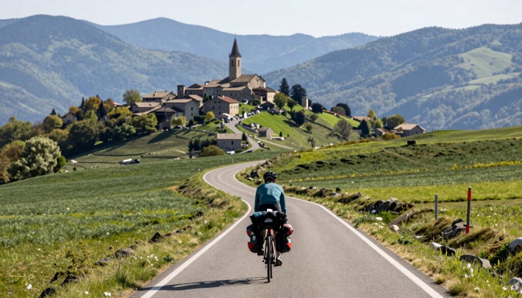 Cicloturista con le borse su una strada di montagna dell'Appennino, verso un borgo di pietra