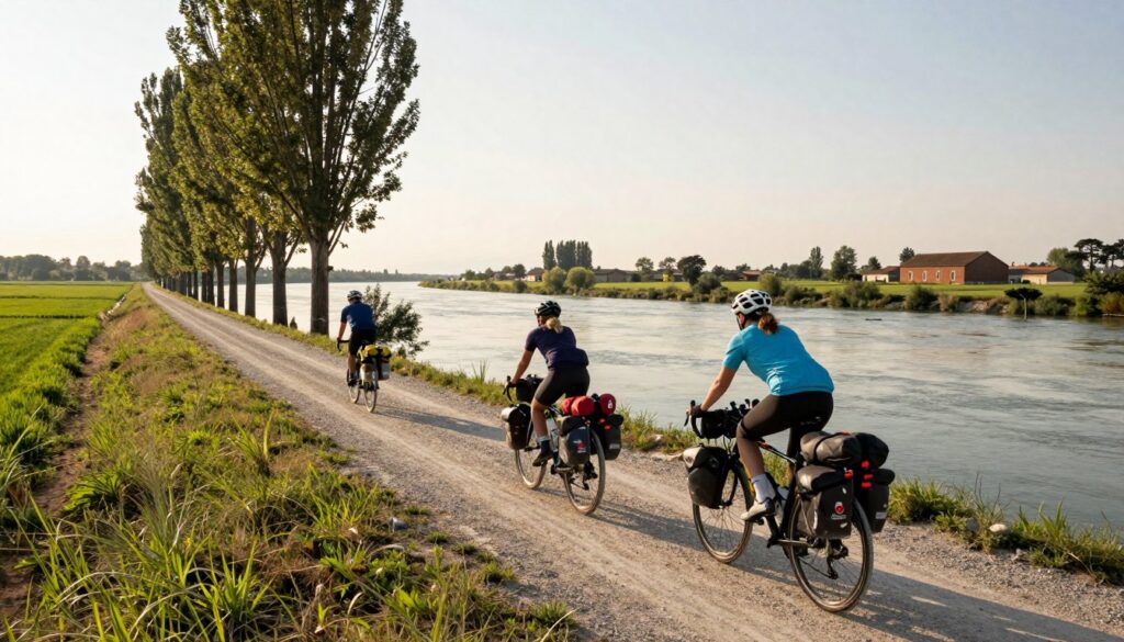 Cicloturisti con le borse sull'argine del Po, tra pioppi e campi