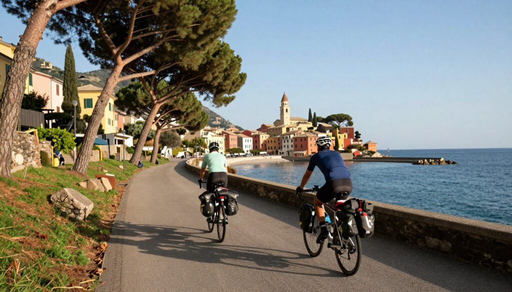 Due cicloturisti con le borse su una ciclovia lungo il mare, verso un paese della costa