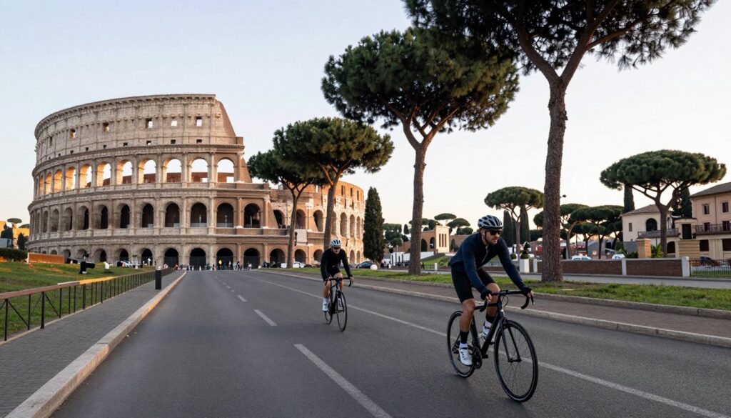 Ciclisti su un viale di Roma vicino al Colosseo, tra i pini