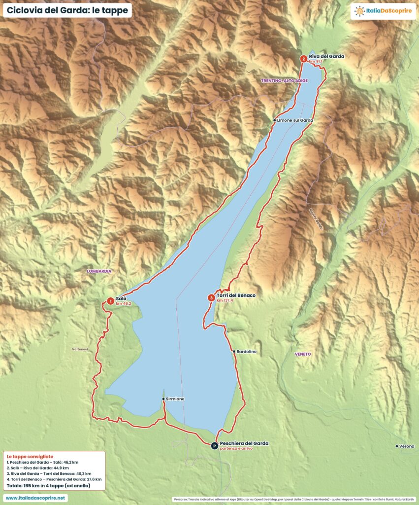 Mappa della Ciclovia del Garda ad anello da Peschiera del Garda con le tappe consigliate e i chilometri