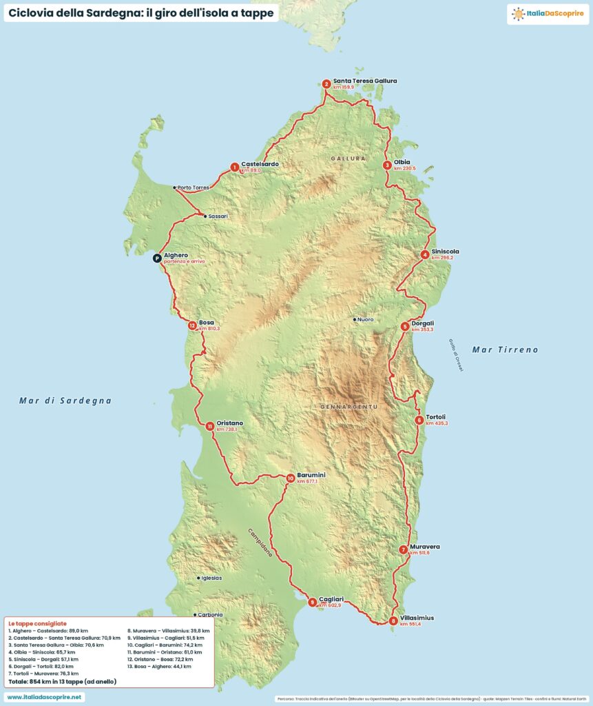 Mappa della Ciclovia della Sardegna ad anello da Alghero con le tappe consigliate e i chilometri