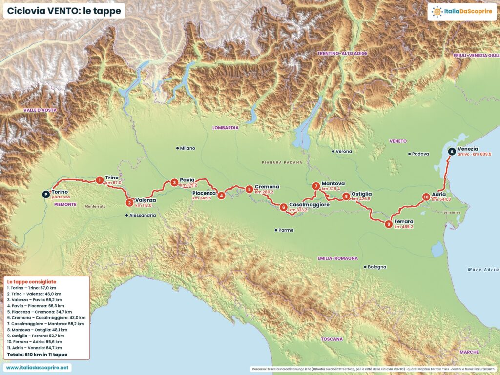 Mappa della Ciclovia VENTO da Torino a Venezia con le tappe consigliate e i chilometri