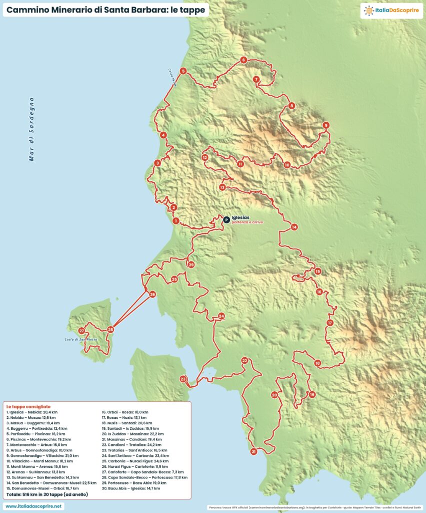 Mappa del Cammino Minerario di Santa Barbara ad anello da Iglesias con le tappe consigliate e i chilometri