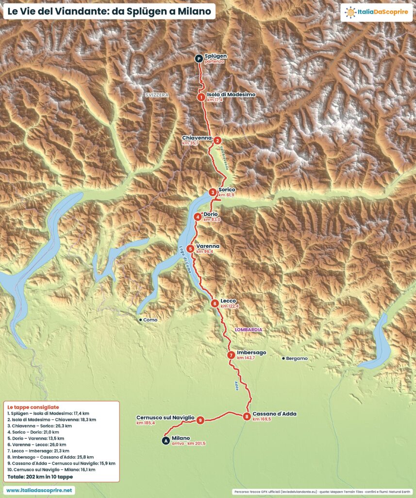 Mappa del cammino Le Vie del Viandante da Splügen a Milano con le tappe consigliate e i chilometri