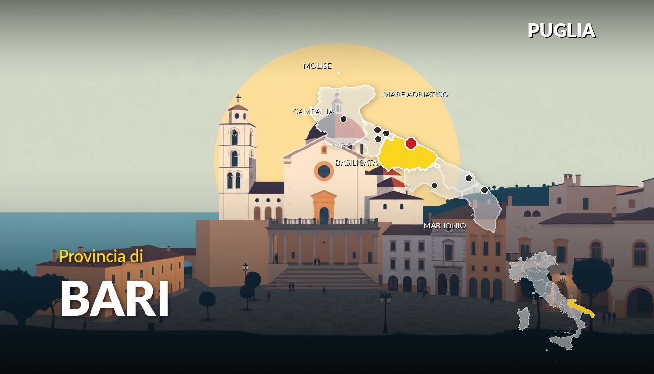 Illustrazione della provincia di Bari (Puglia), con la cartina della regione e dell'Italia