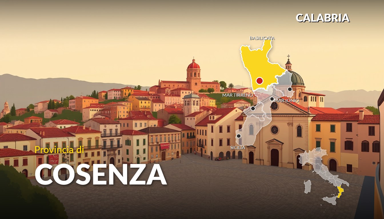 Illustrazione della provincia di Cosenza (Calabria), con la cartina della regione e dell'Italia