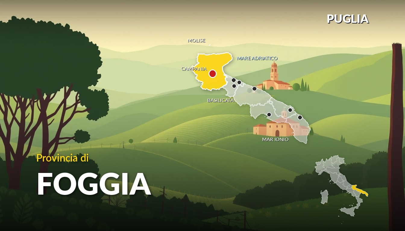 Illustrazione della provincia di Foggia (Puglia), con la cartina della regione e dell'Italia