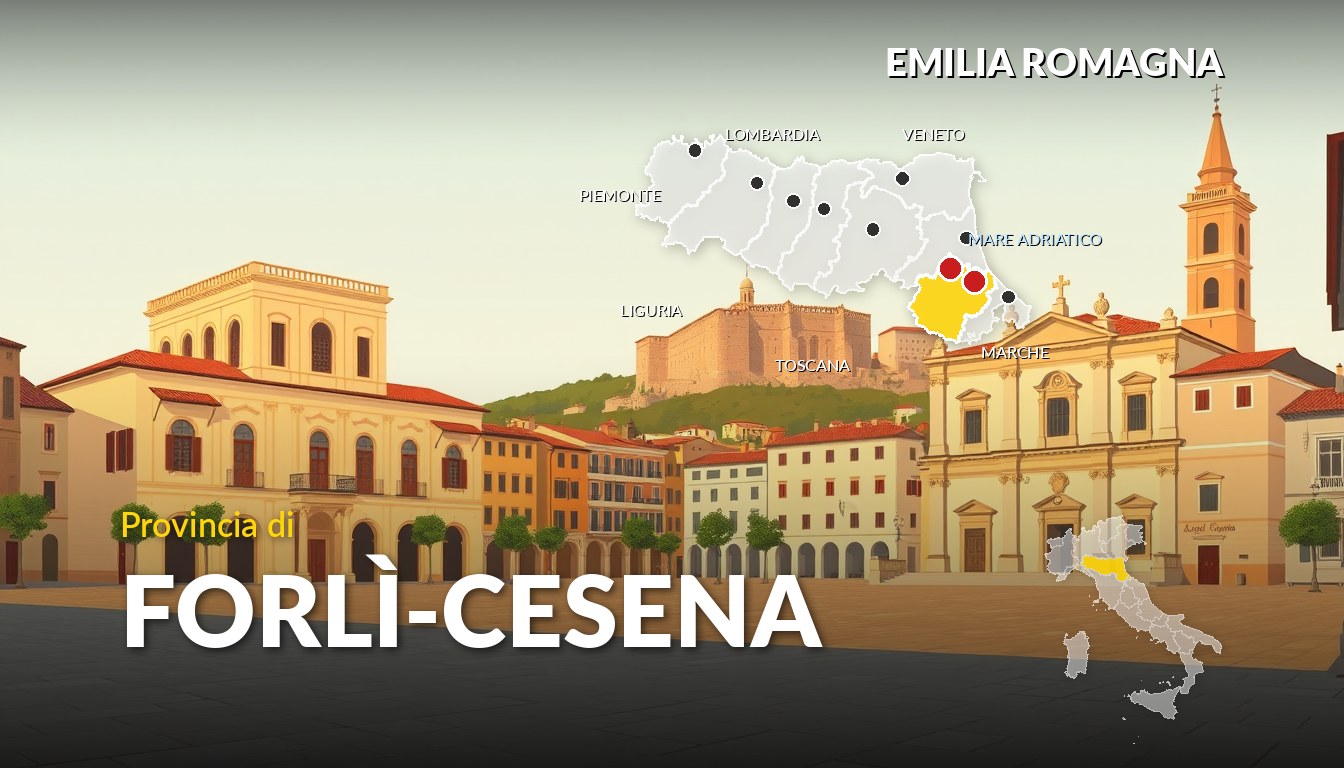 Illustrazione della provincia di Forli Cesena (Emilia-Romagna), con la cartina della regione e dell'Italia