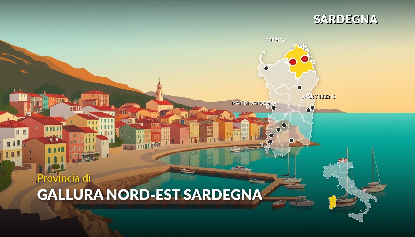 Illustrazione della provincia di Gallura Nord-Est Sardegna (Sardegna), con la cartina della regione e dell'Italia