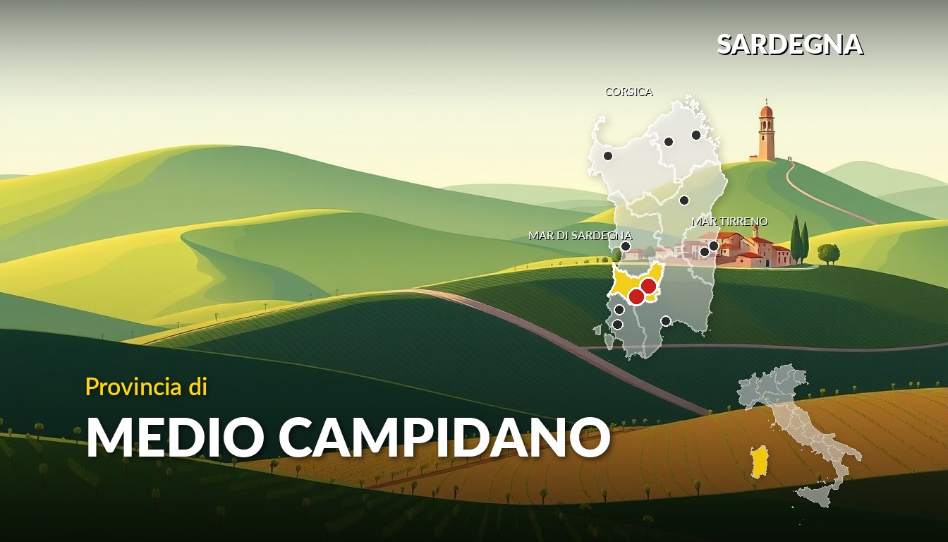 Illustrazione della provincia di Medio Campidano (Sardegna), con la cartina della regione e dell'Italia
