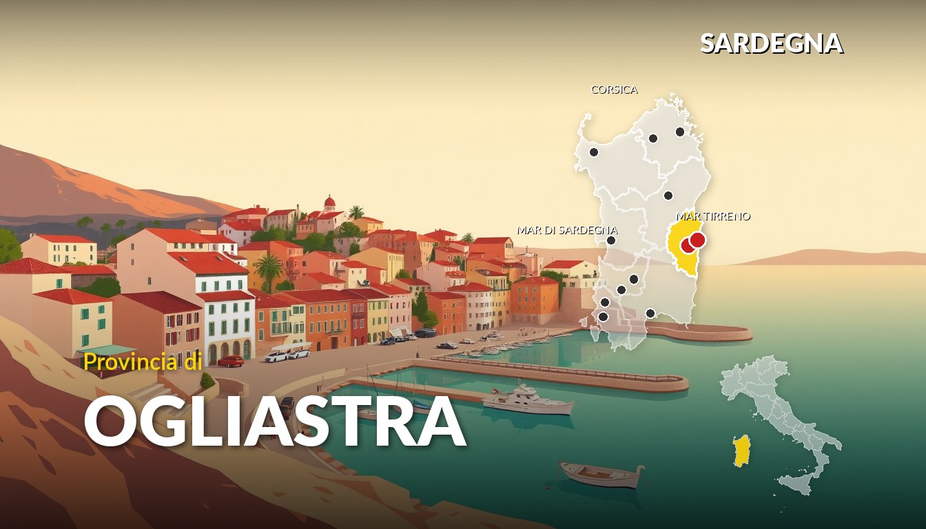 Illustrazione della provincia di Ogliastra (Sardegna), con la cartina della regione e dell'Italia